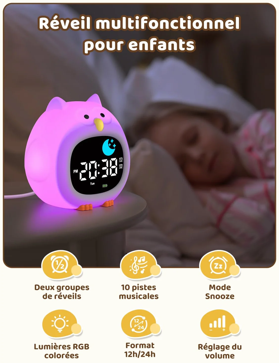 YISSVIC Réveil Enfant Éducatif avec Alarme Lumineuse 7 Couleurs 10 Chansons Hibou