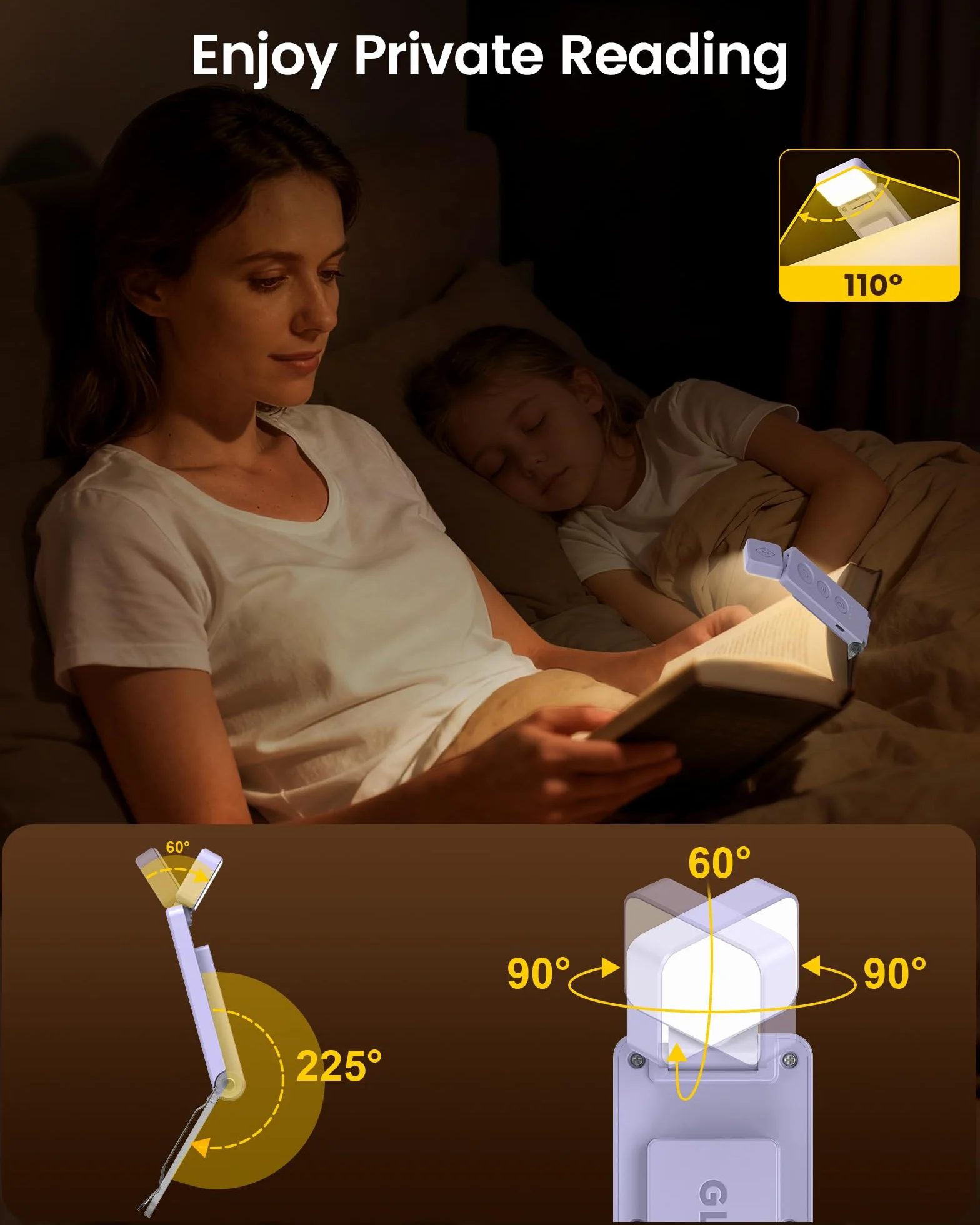 Glocusent Lampe de Lecture avec Pince, 100h Autonomie, 5 Niveaux & Couleurs, 12 LEDs Anti-Éblouissement