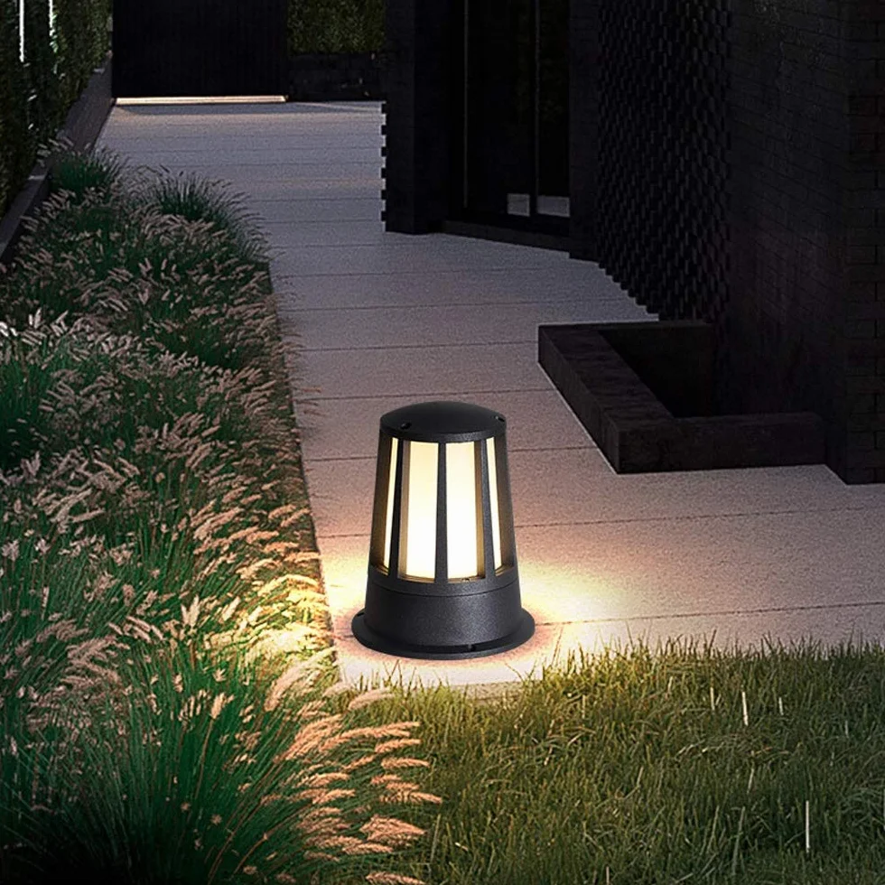 Lampe de pelouse étanche extérieur E27 Noir Pilier Aluminium Verre pour Cour Villa Patio