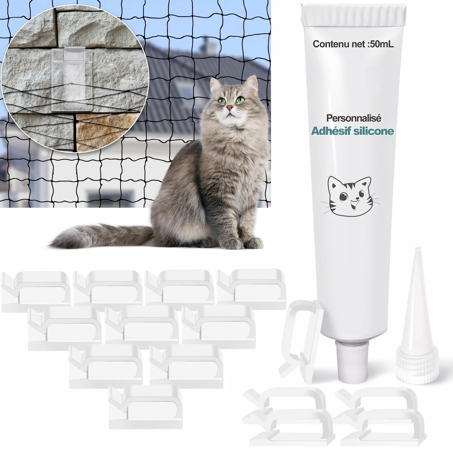 ThomP Crochets adhésifs transparents 50 pièces colle silicone fixation filet chat balcon sans perçage 50 ml