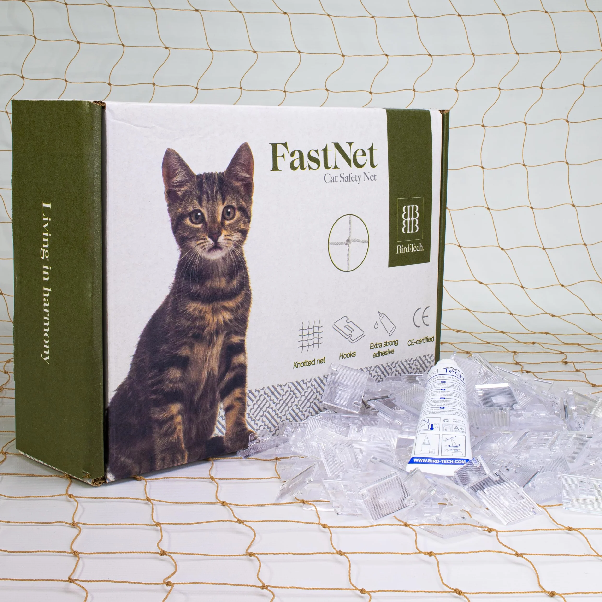 Bird-Tech TM Filet Balcon pour Chats 5x3 MTS 50 Crochets Fixations Silicone Transparent 80ml