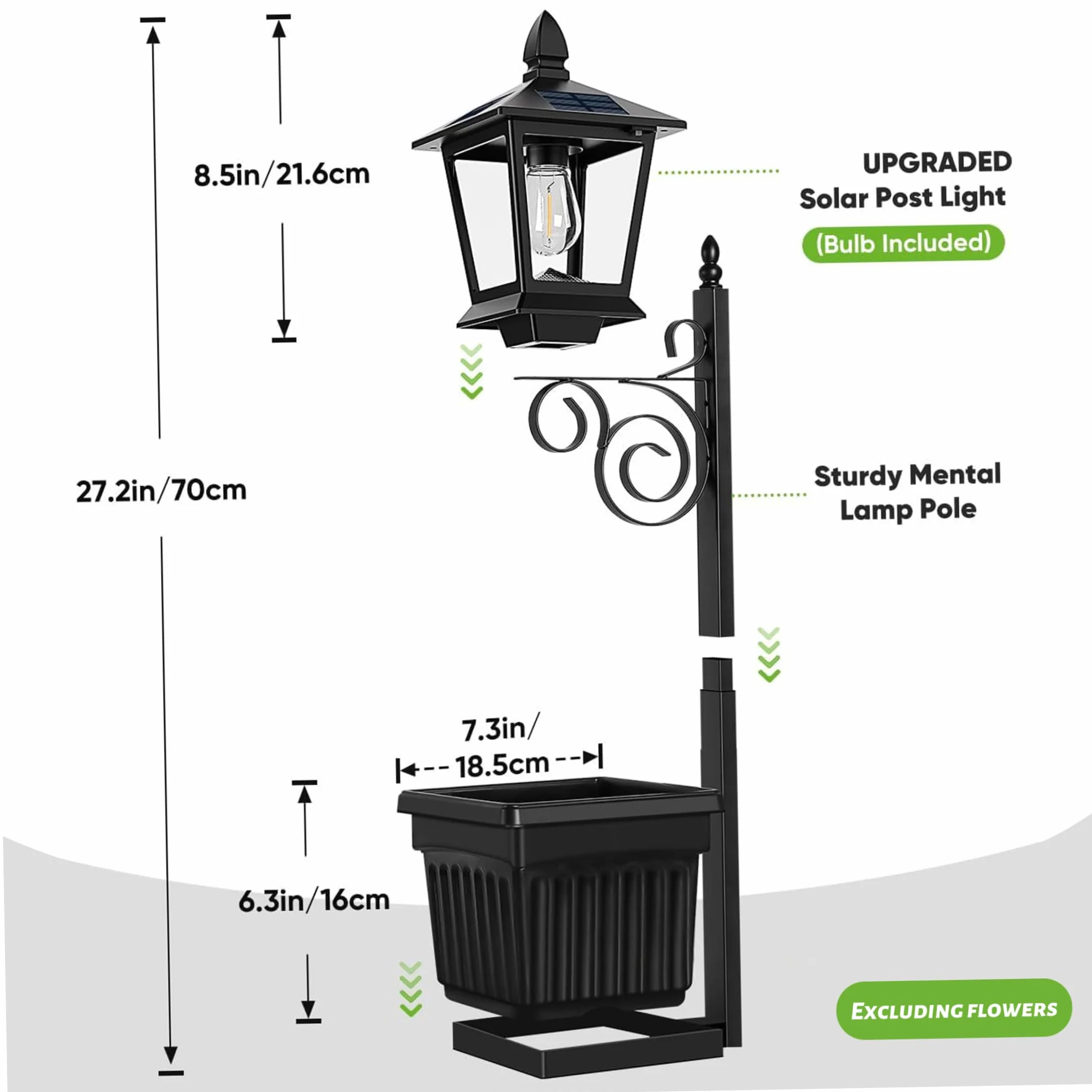 Lampadaire Solaire 2 en 1 avec Jardinière, IP65 Étanche, Support Mural et Sol