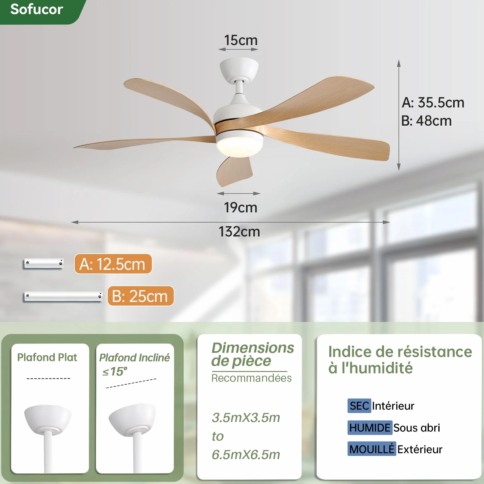 Sofucor Ventilateur Plafond avec Lumiere LED 132 cm Dimmable DC Silencieux Reversible 6 Vitesses Minuterie
