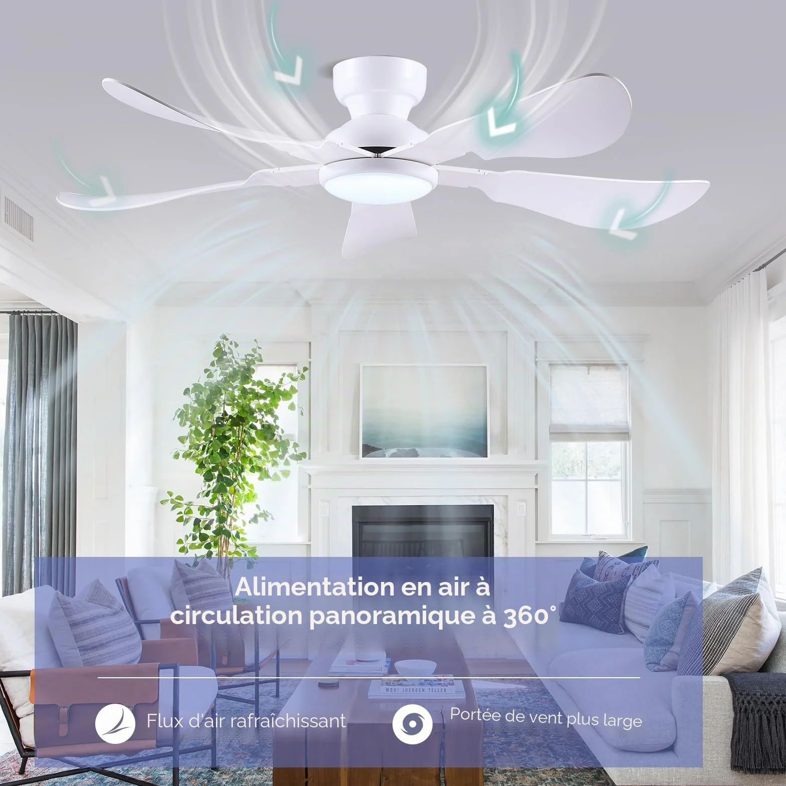Ventilateur de plafond moderne 132 cm avec lumière, télécommande et APP, 5 pales réversibles, 6 vitesses, 3 températures de couleur dimmables, blanc