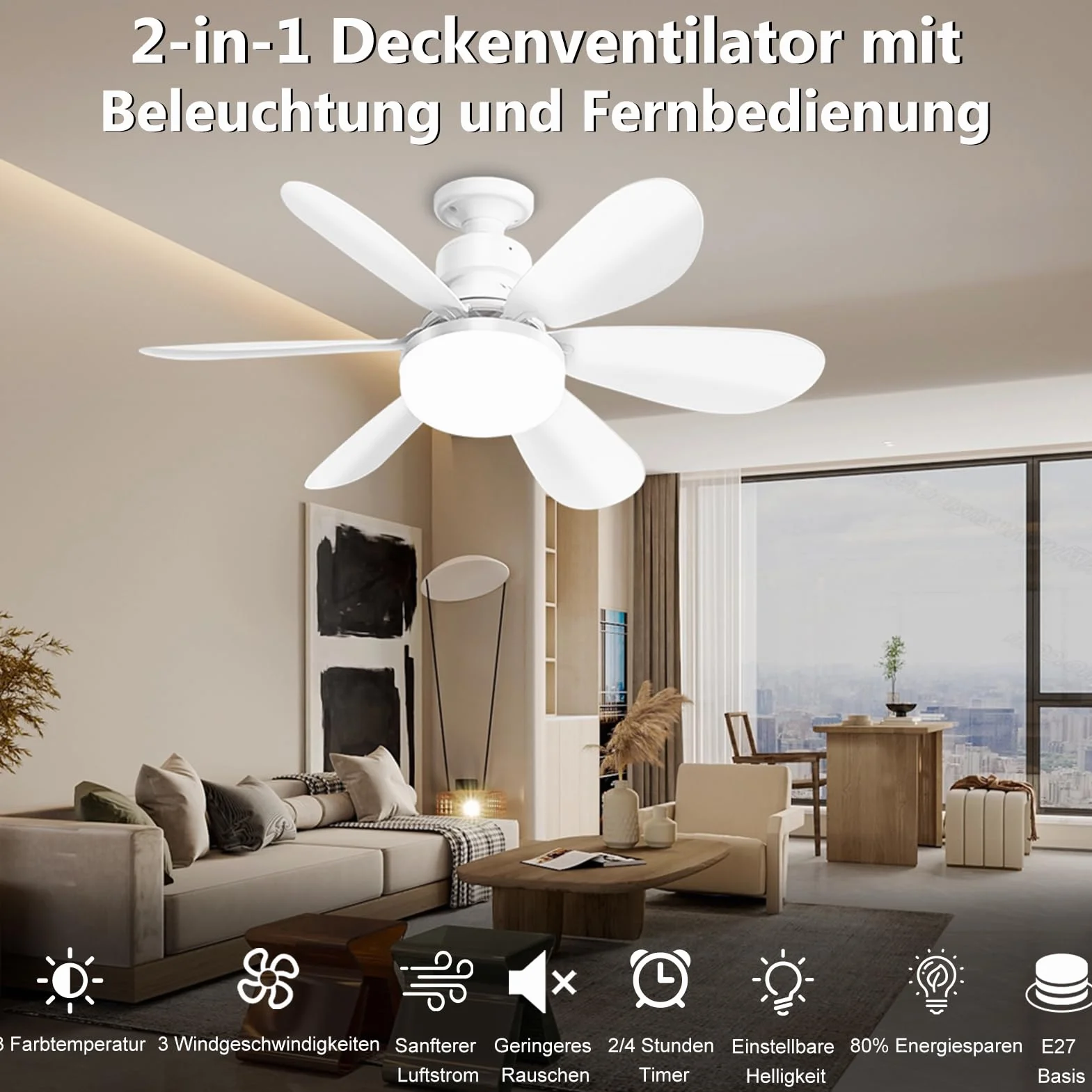 Ventilateur de Plafond avec Lumière et Télécommande 50cm LED E27 Dimmable Minuterie 3 Températures 3000K-6500K 3 Vitesses