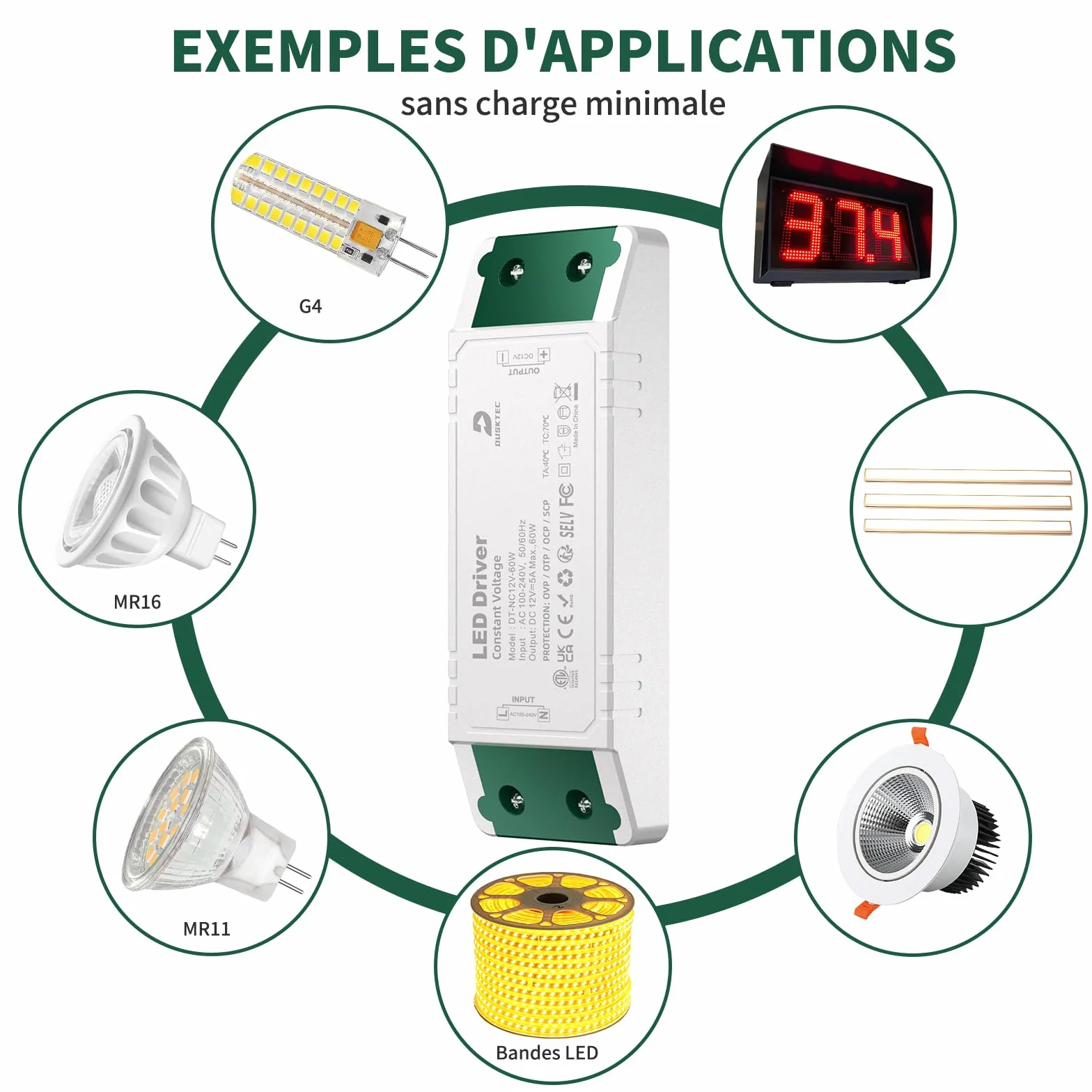 DUSKTEC Transformateur LED 220V 12V 60W 5A AC DC Adaptateur Tension Constante 12 Volt
