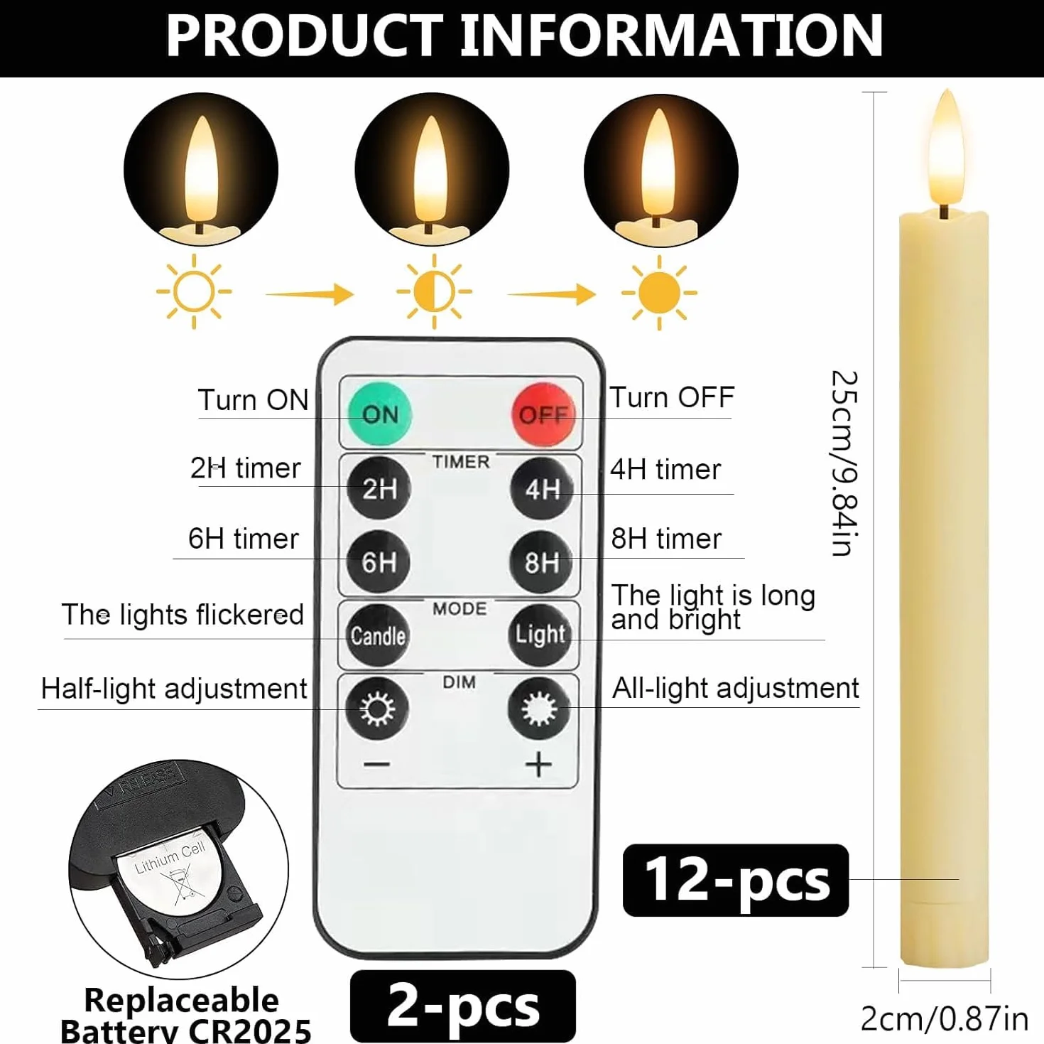 Chandelle LED 12 Pièces 25 CM Bougies Bâton LED Longues Fines avec Minuterie Scintillement Télécommande Halloween