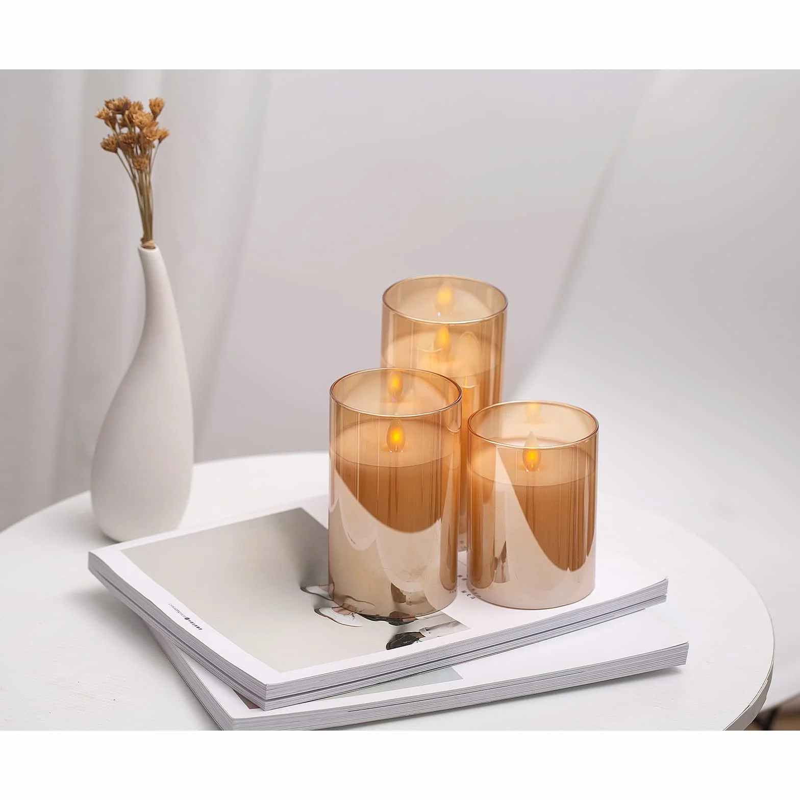Bougies LED Sans Flamme 10-15cm Piliers Verre Doré avec Télécommande et Minuterie