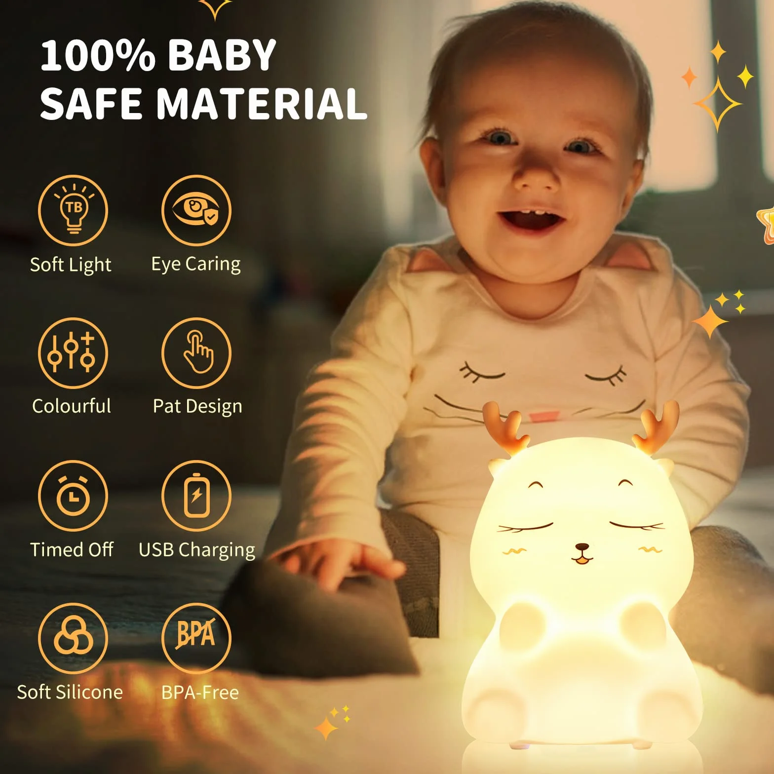 Veilleuse Enfant Rechargeable 7 Couleurs LED Silicone Lampe de Chevet Tactile Cerf