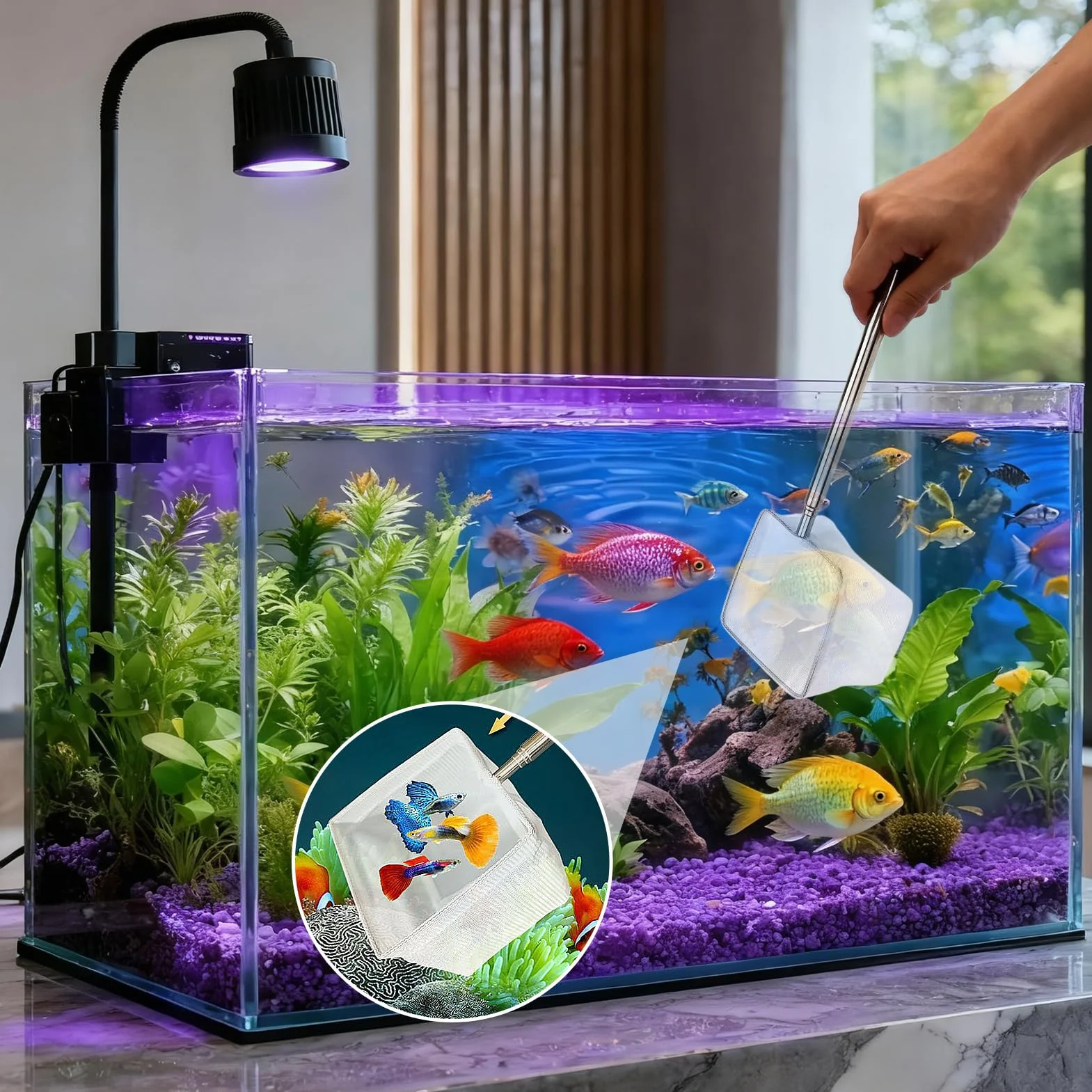 Épuisette Aquarium 8cm Mailles Fines Souples Manche Extensible Acier Inoxydable 40cm