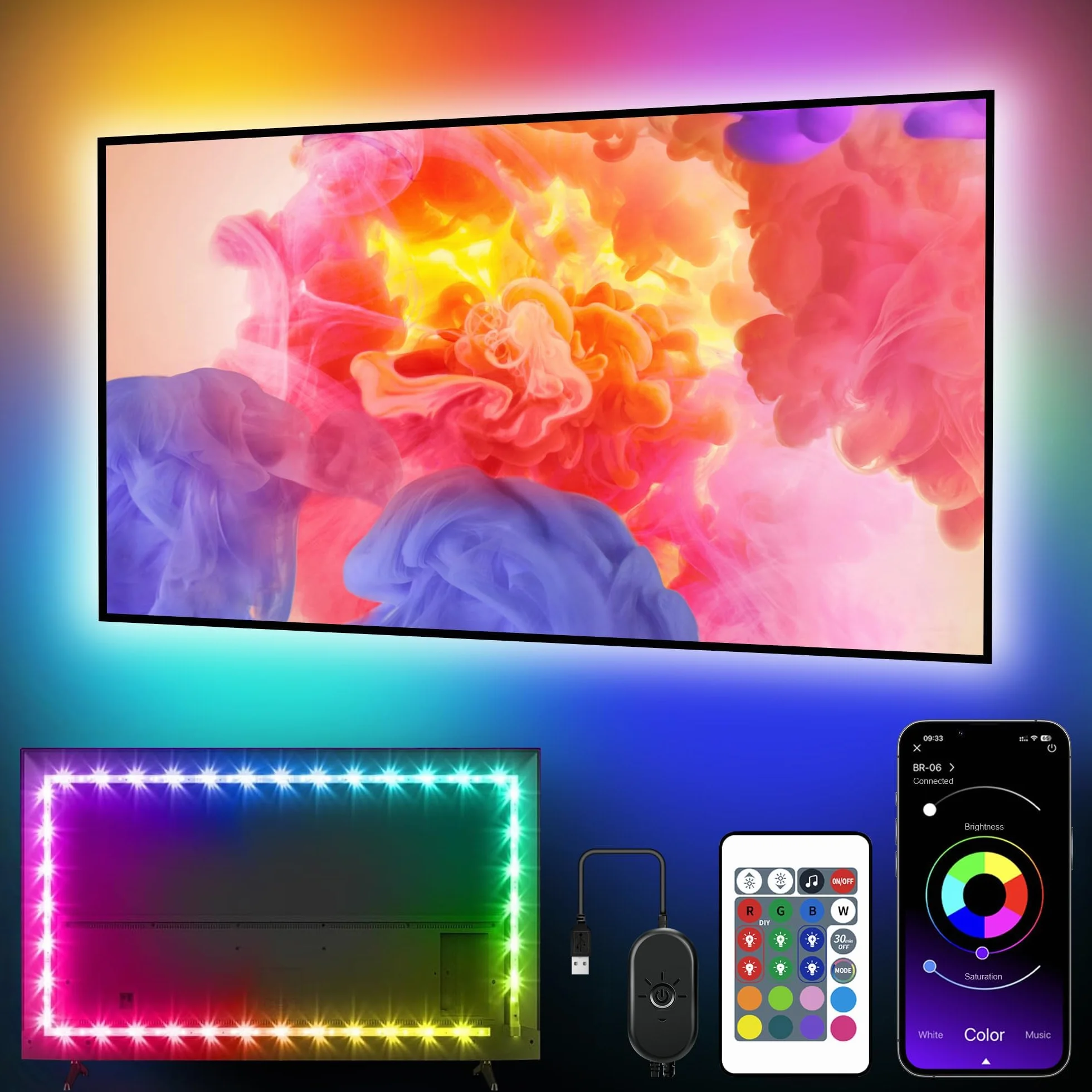 Nexillumi Ruban LED TV RGB Bande Lumineuse LED 4M 55-75 Pouces Musique Sync Bluetooth APP Télécommande USB