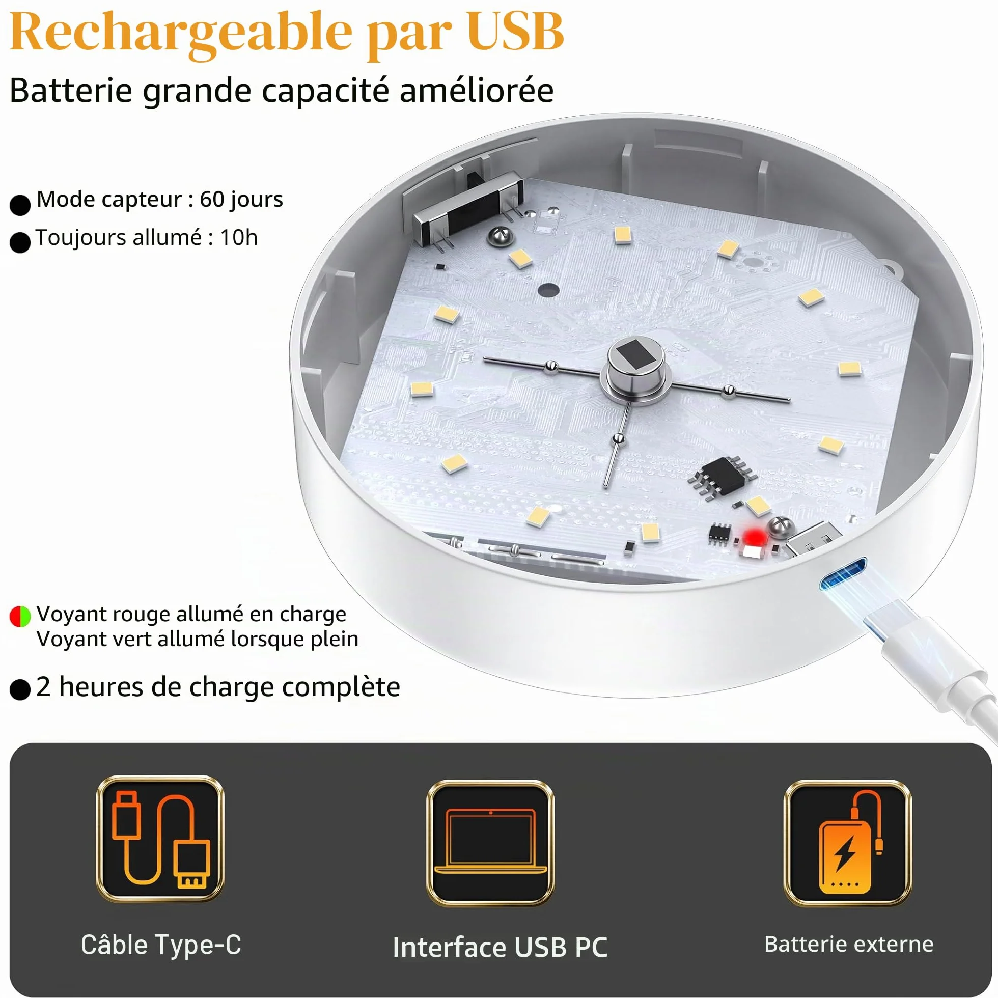 daphomeu Lot de 6 veilleuses LED rechargeables USB avec détecteur de mouvement, 3 modes d'éclairage pour escalier, couloir, chambre, cuisine