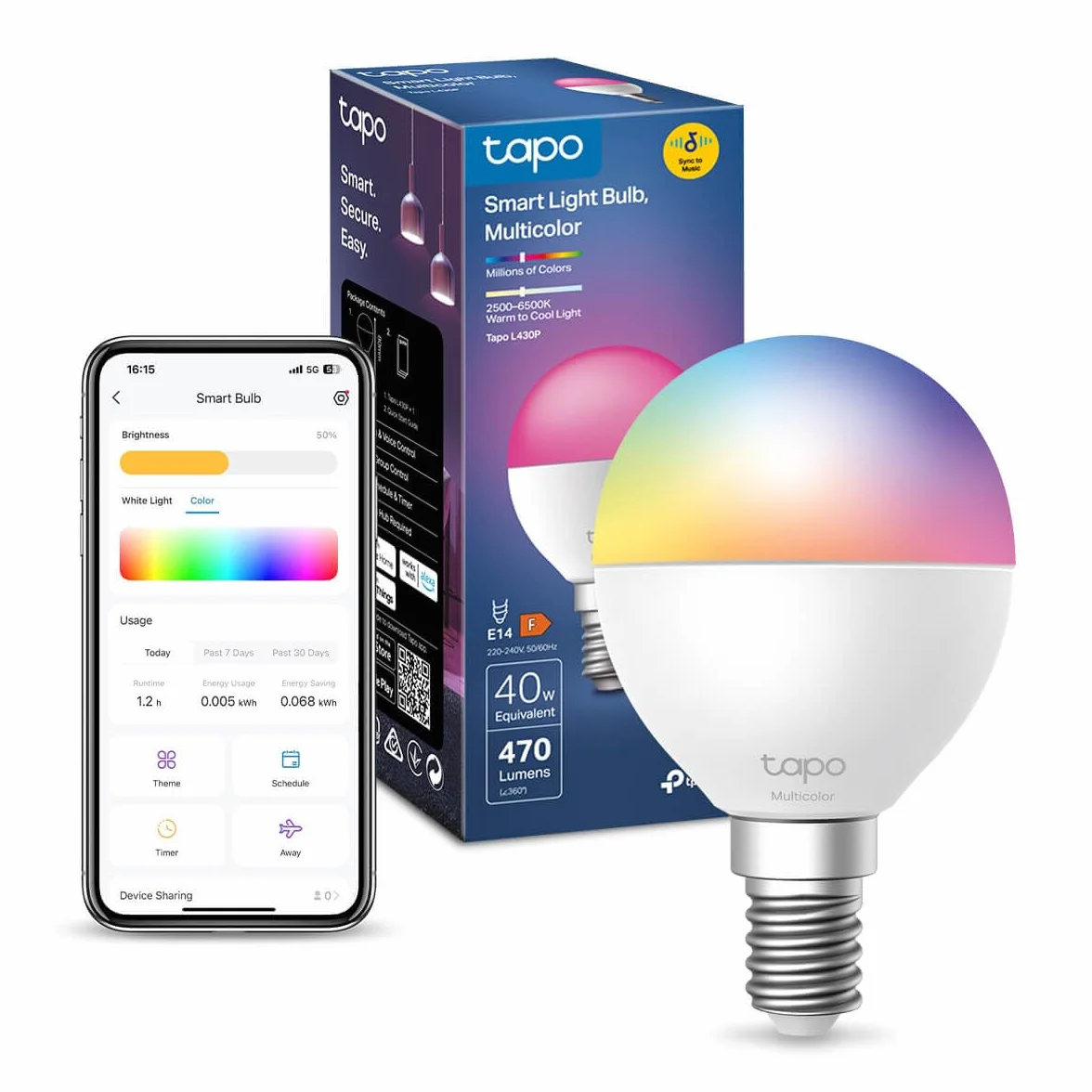 Tapo Ampoule Connectée WiFi LED E14 Multicolore 2500K-6500K Dimmable 4,3W 470Lm Compatible Alexa Google Home L430P
