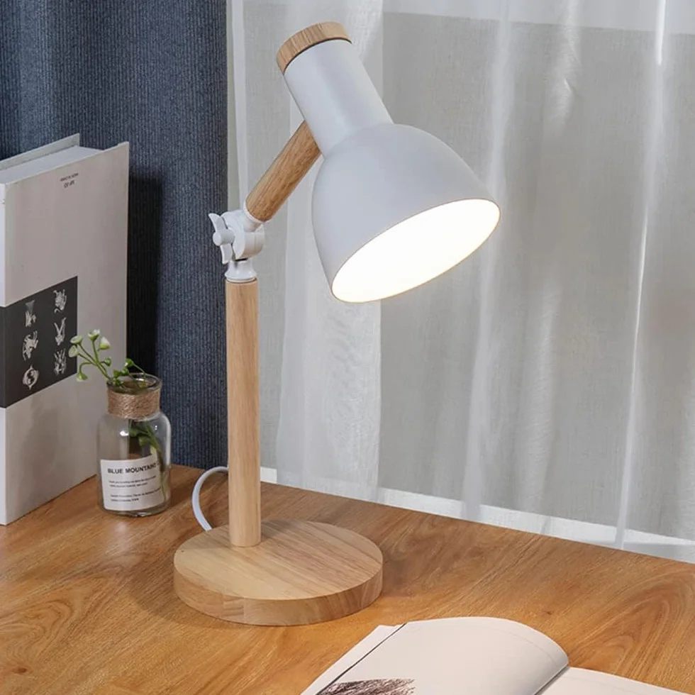 Lampe de table en bois moderne avec abat-jour en métal réglable Blanc
