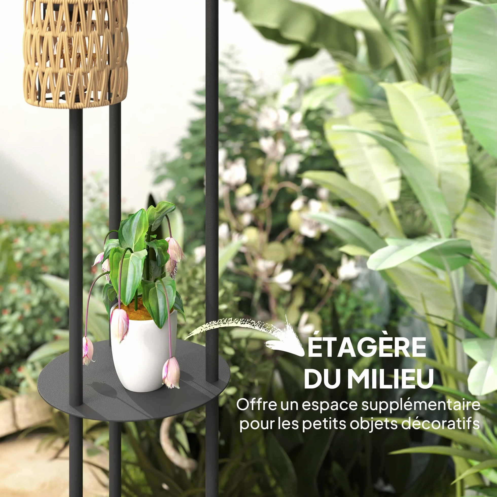 Outsunny Lampadaire solaire extérieur résine tressée 3 lumières bohème capteur étagère IP44 jardin patio terrasse Ø37 x 144 cm jaune