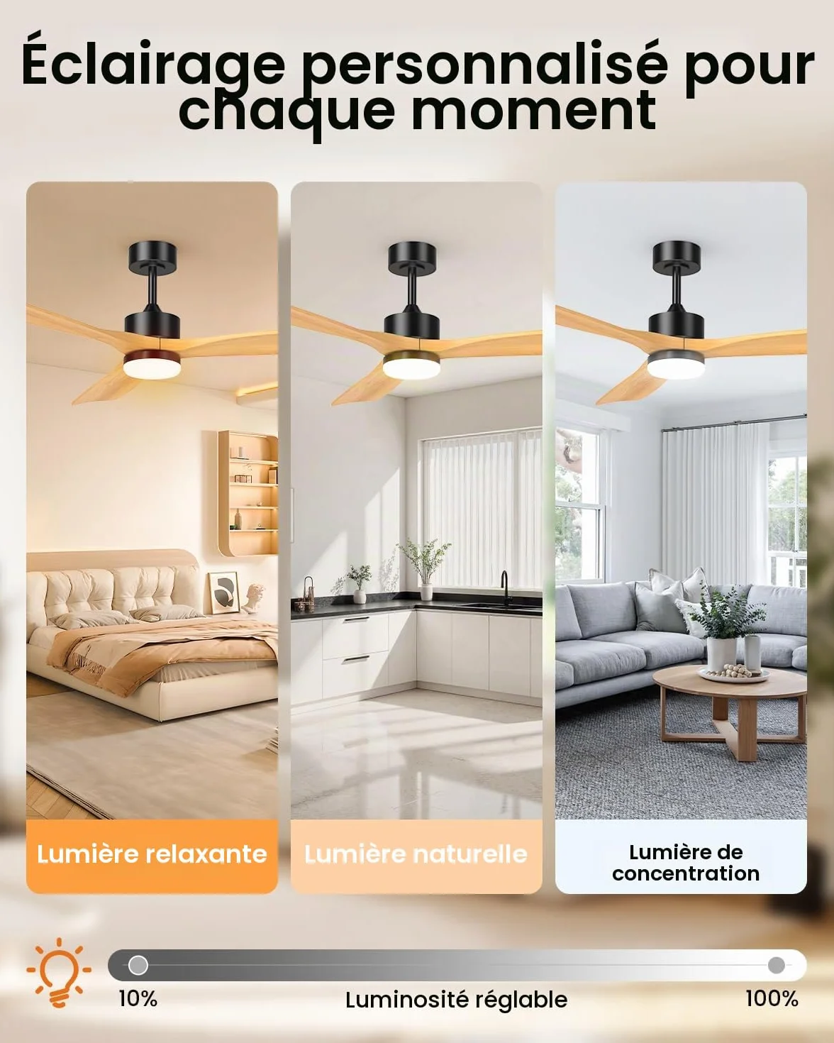 Airwit 152cm Ventilateur Plafond Grand Pales Bois Massif LED Réglable Télécommande Moteur DC Silencieux Réversible