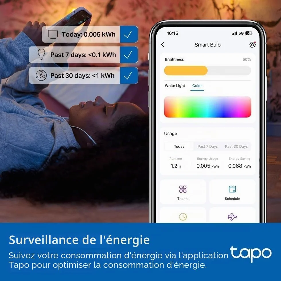 Tapo Ampoule intelligente B22 Matter, 1055 lm, 8,6 W, surveillance énergie, intensité variable, compatible Alexa Apple HomeKit