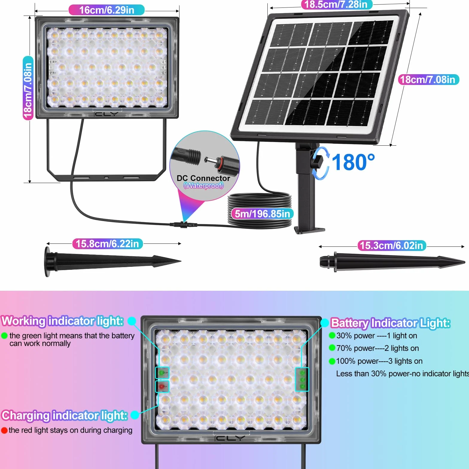 CLV Spot Solaire Exterieur Multicolore 30W Projecteur Solaire RGB 5000mAh IP66