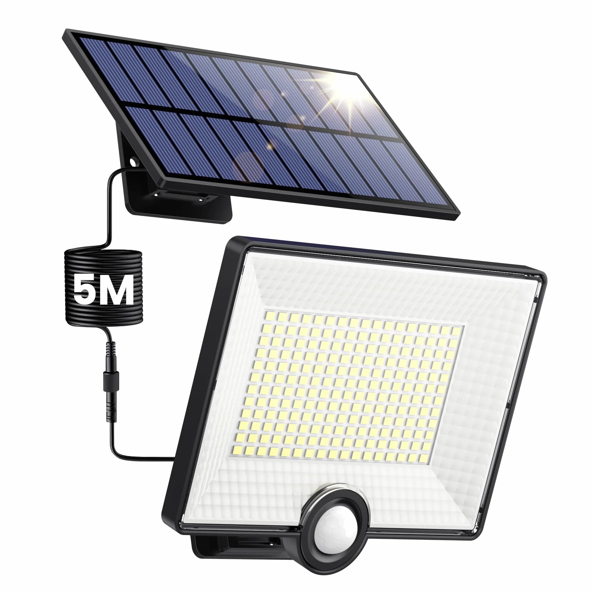 Lampe Solaire Extérieure avec Détecteur de Mouvement 204LED 2000LM IP65 Étanche, Spot LED avec Câble 16,4ft pour Jardin Garage
