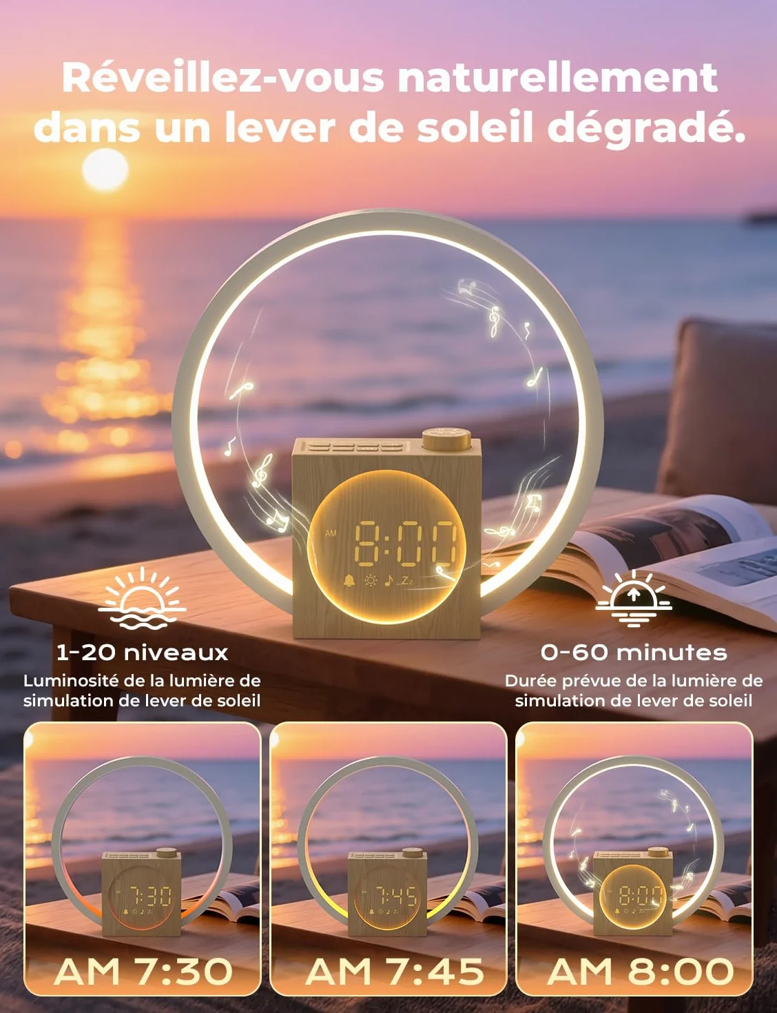 LIORQUE Lampe de Chevet LED avec Réveil Lumineux Simulateur d'Aube, 30 Sons, 20 Niveaux de Luminosité, Minuterie Sommeil 10-480 min