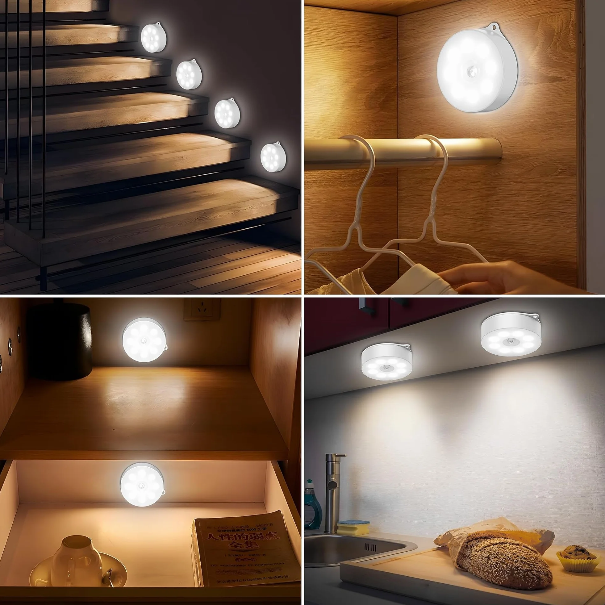 Lumiere detecteur de mouvement interieur lampe LED sans fil 3xAAA pour armoire escaliers placard cuisine 6 pieces blanc froid