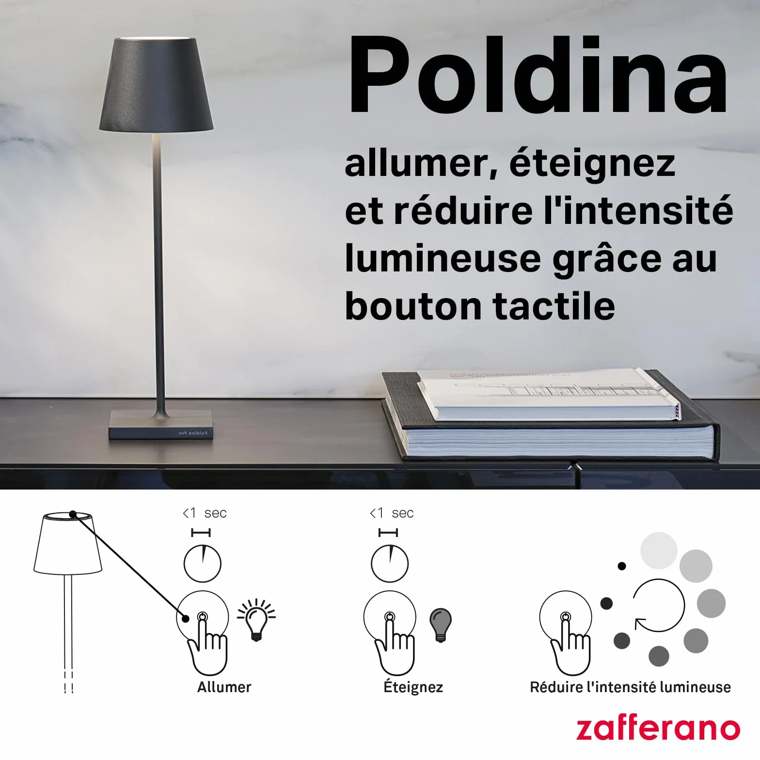 Zafferano Poldina Pro Lampe de Table Rechargeable Sans Fil Contrôle Tactile Dimmer 2200-3000 K Hauteur 38 cm Couleur Corten
