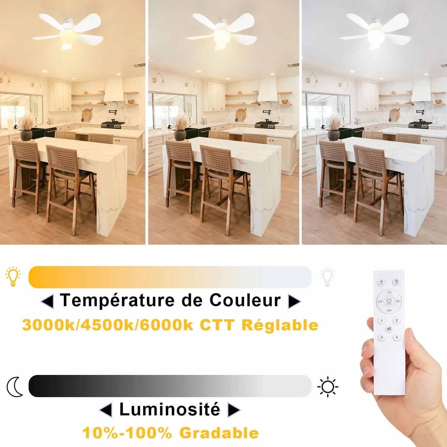 Ventilateur à Douille avec E27 Base LED Plafond Lumière Télécommande 50CM Salle de Bain Cuisine Chambre Garage