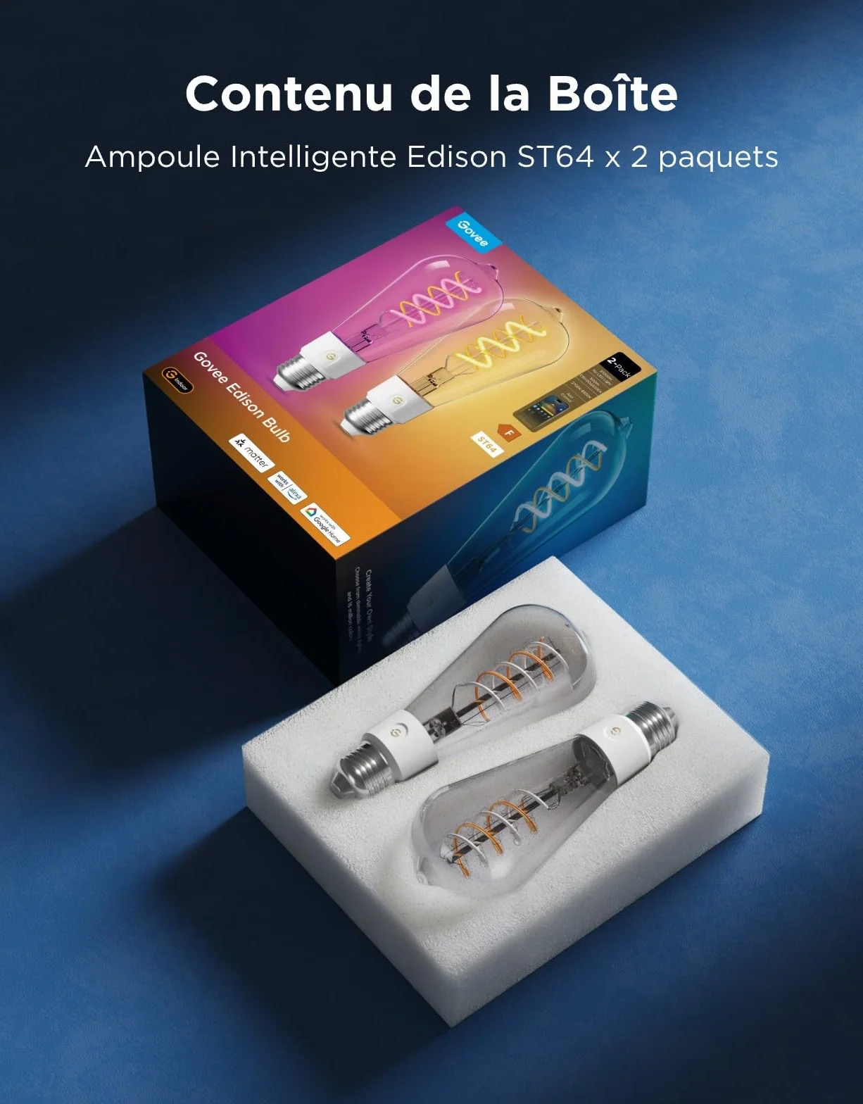 Govee Ampoule Intelligente Edison E27 RGBWW ST64, Compatible Matter Google Assistant, 500lm, 16 Millions Couleurs, Lot de 2
