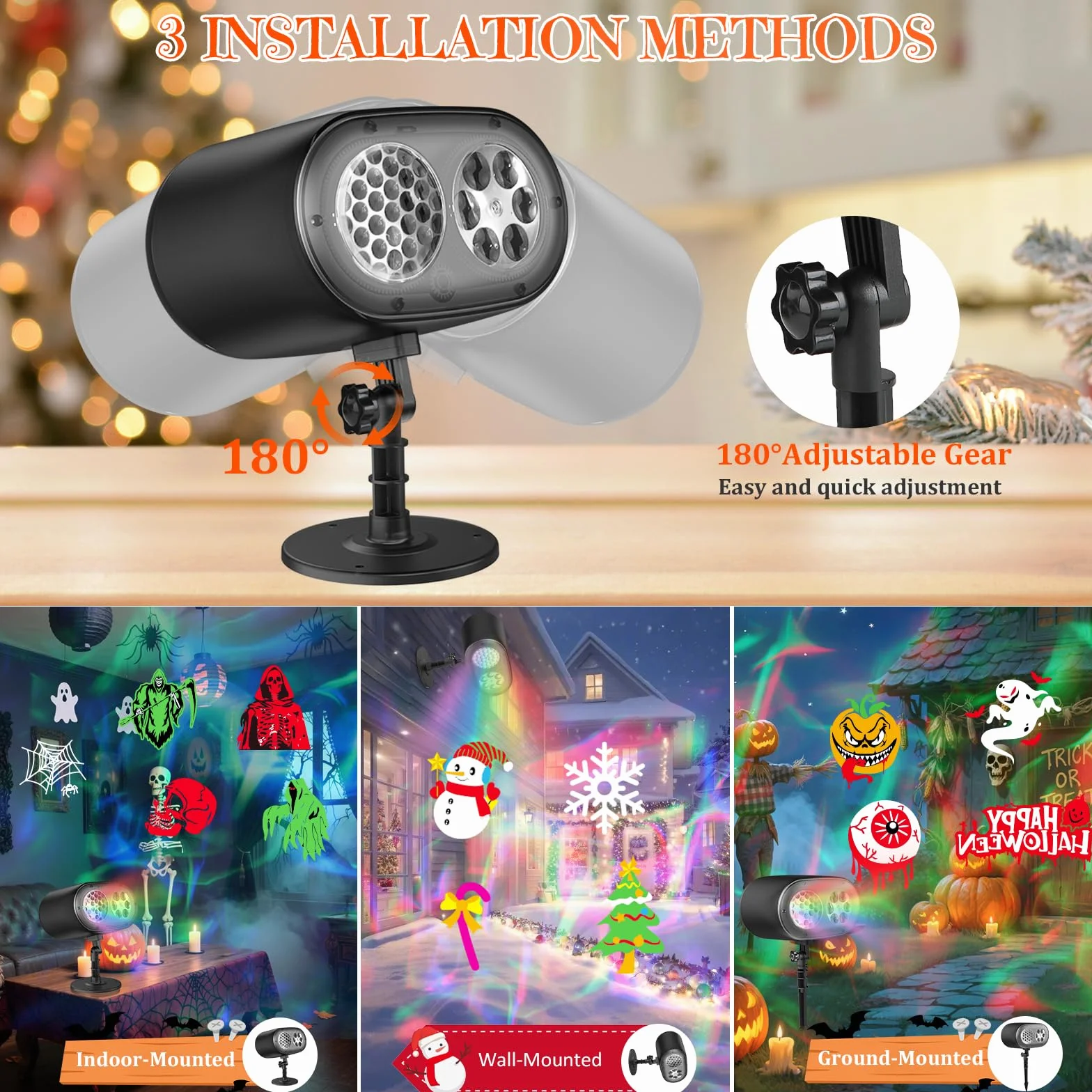 Projecteur LED Noël Extérieur 2 en 1 avec 12 Diapositives 7 Couleurs Effet de Vague d'eau