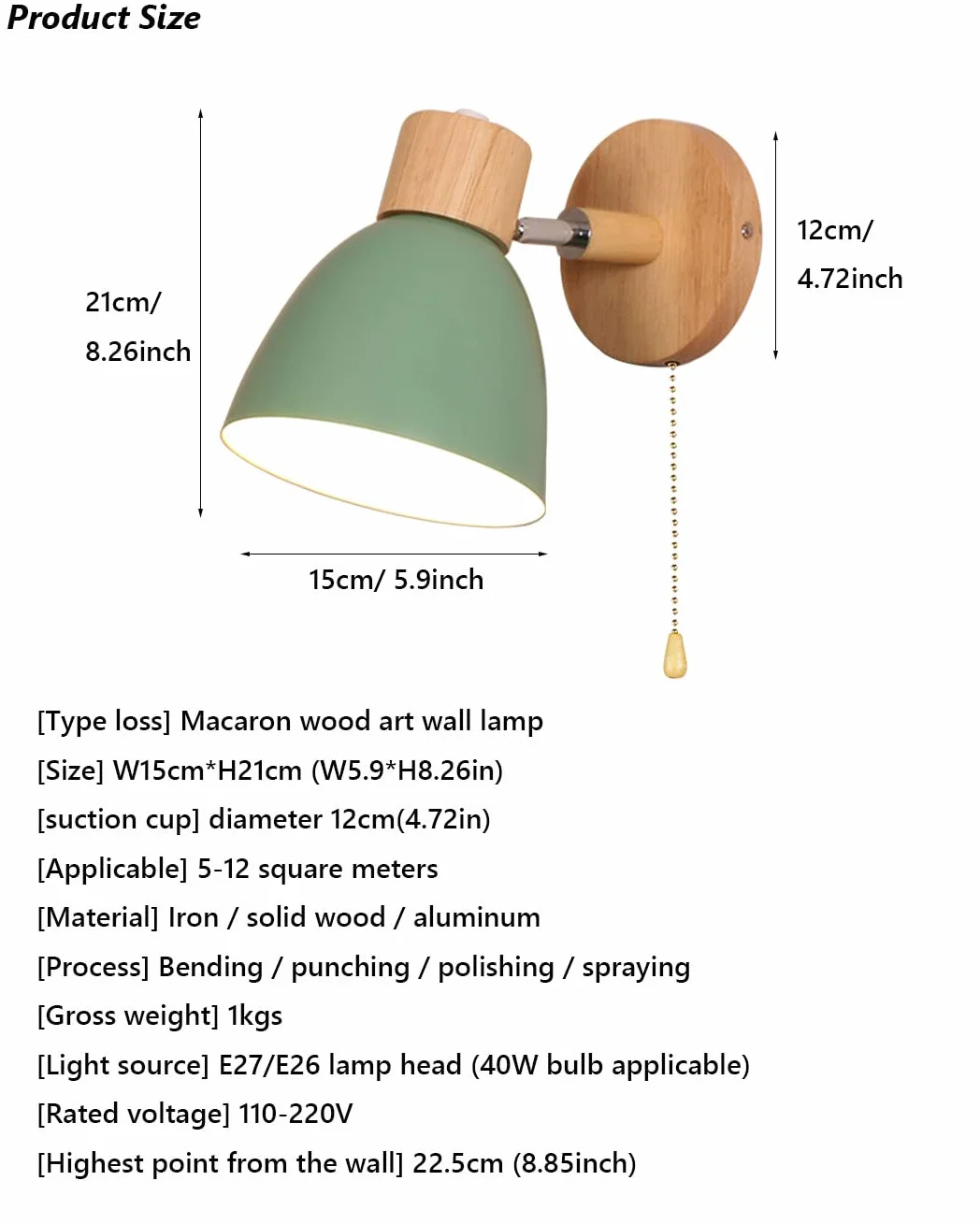 Applique murale Macaron E27 Base en bois massif avec interrupteur marche/arrêt, Lampe d'éclairage pour salon Allée Chambre d'enfant (Green)