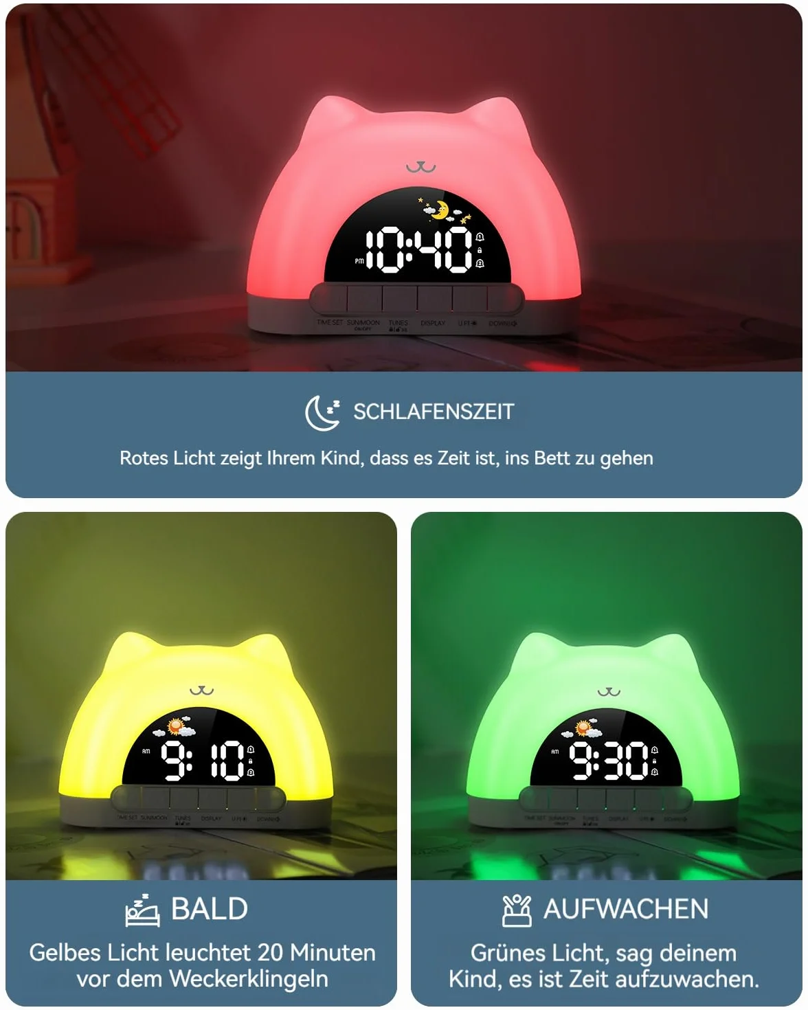 Réveil numérique enfant RVB double alarme snooze 11 couleurs 10 effets sonores