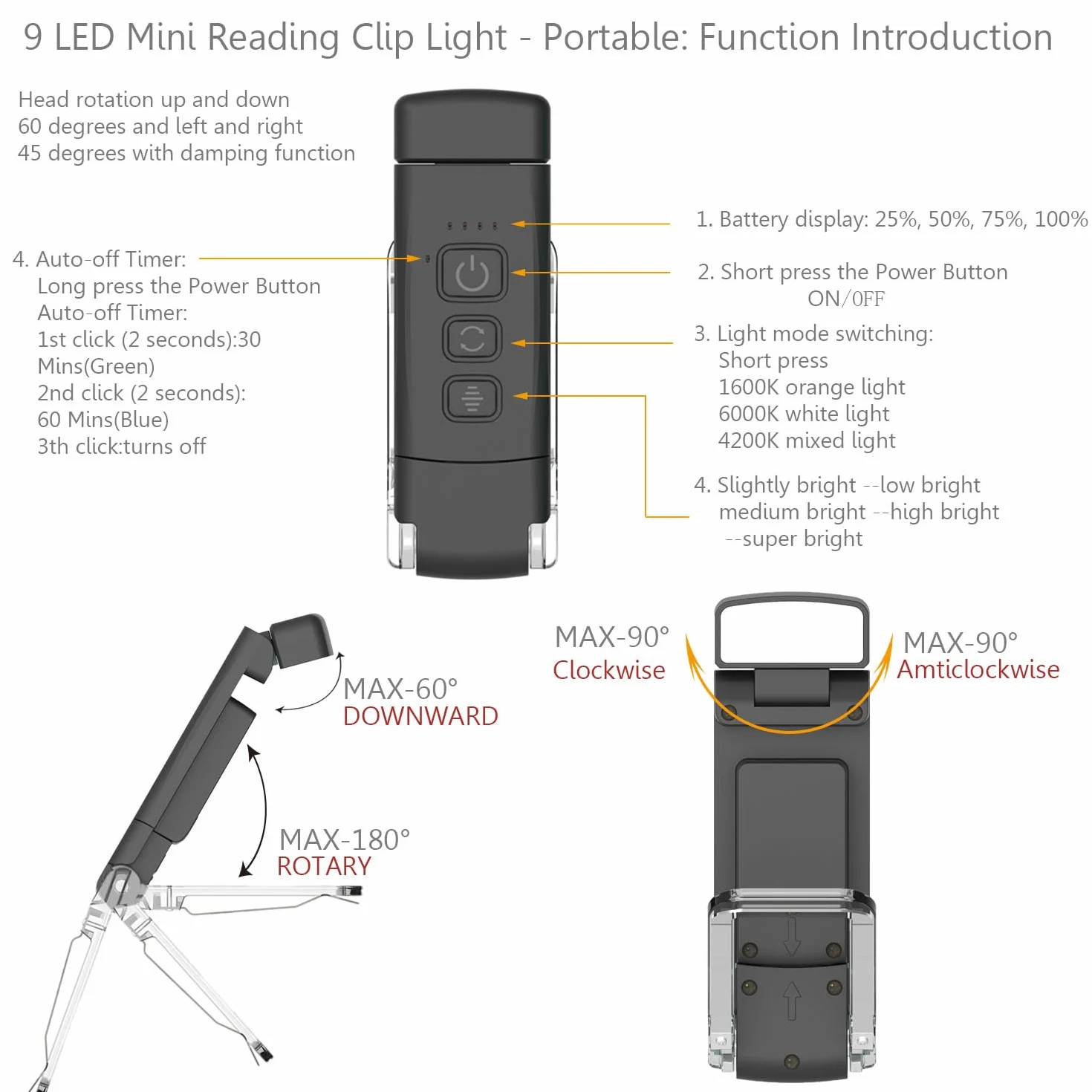 Lampe de lecture portable rechargeable USB 3 modes couleur 5 luminosités variable Noir