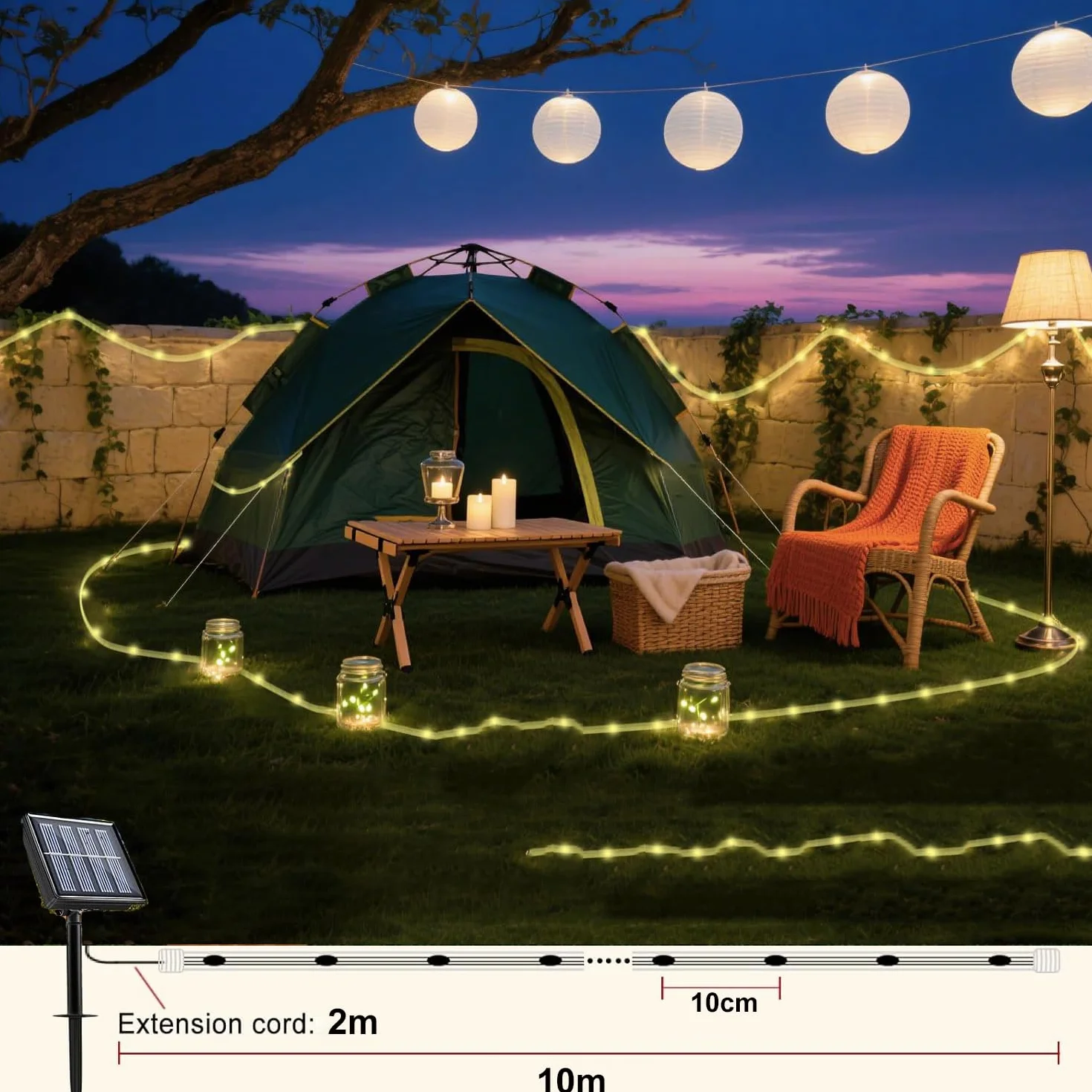 Guirlande lumineuse solaire extérieur 10 m 100 LED IP65 8 modes