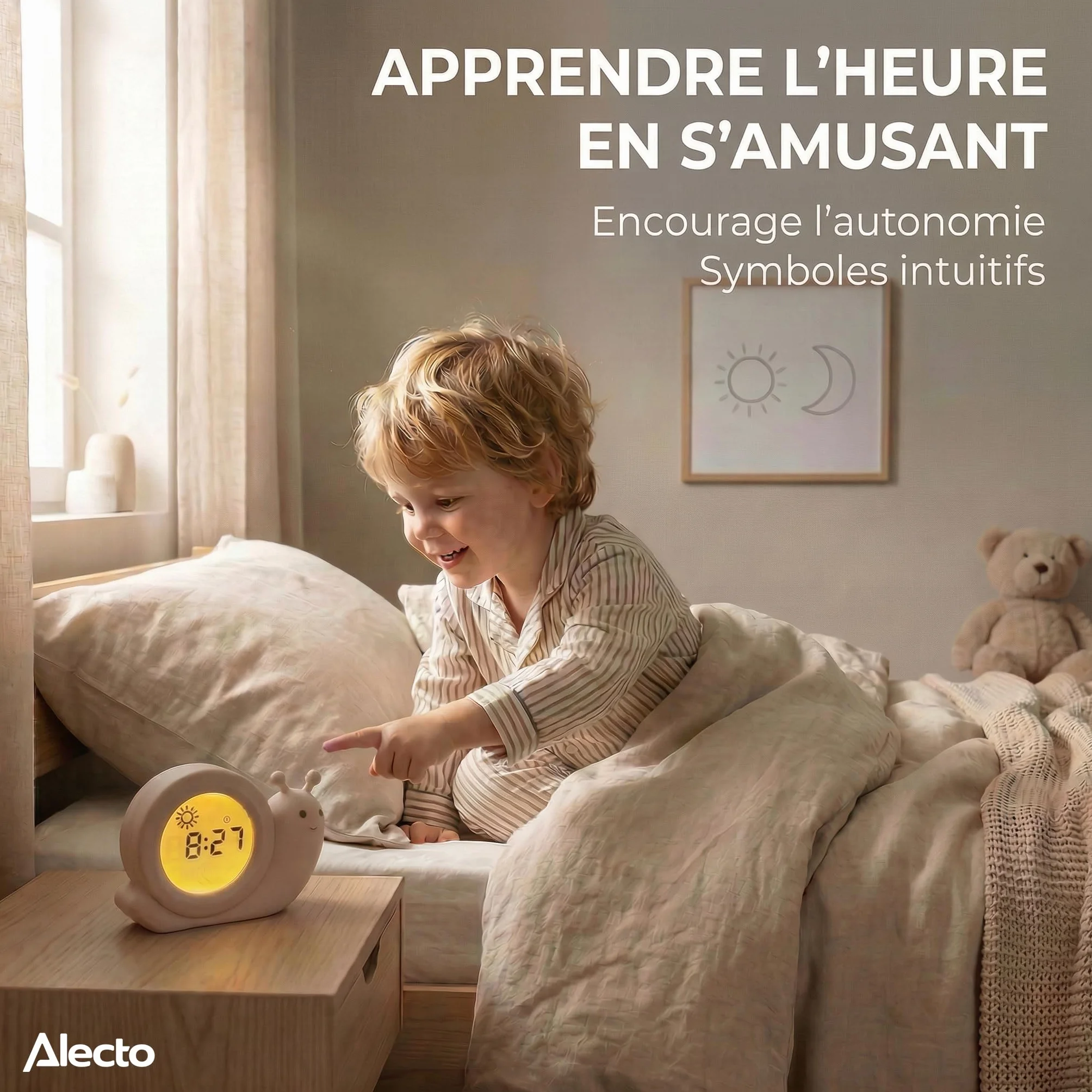 Alecto BC110BE Simon Réveil Enfant Éducatif Jour/Nuit Veilleuse Escargot