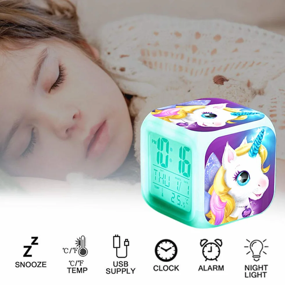 Réveil Enfant Numérique Veilleuse 7 Couleurs Changeantes Wake Up Light avec Date Calendrier Température A16