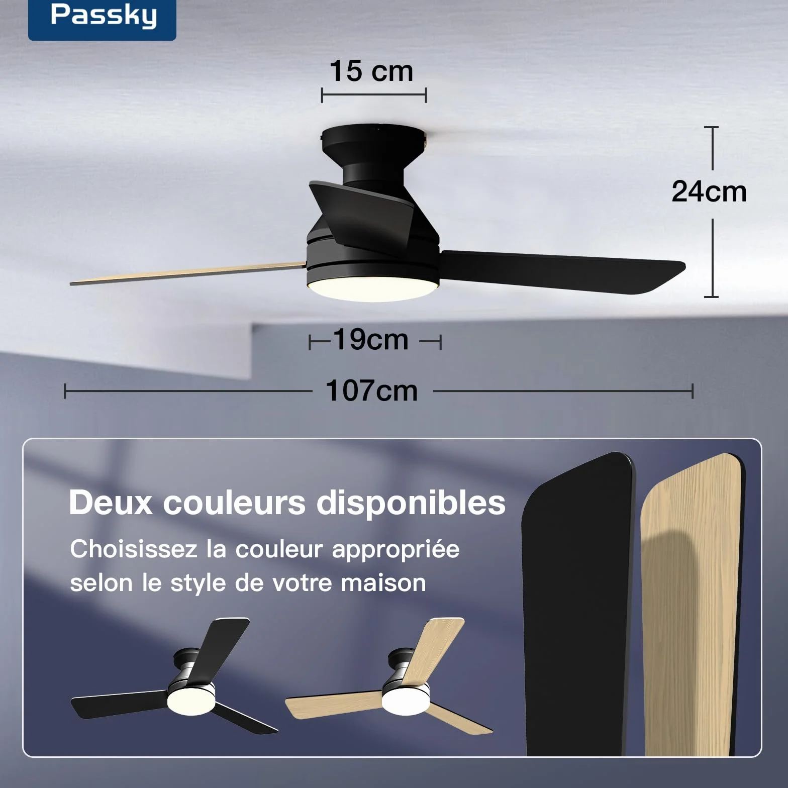 Passky Ventilateur de plafond silencieux 107cm avec lumière, télécommande, moteur CC réversible, 6 vitesses, minuterie