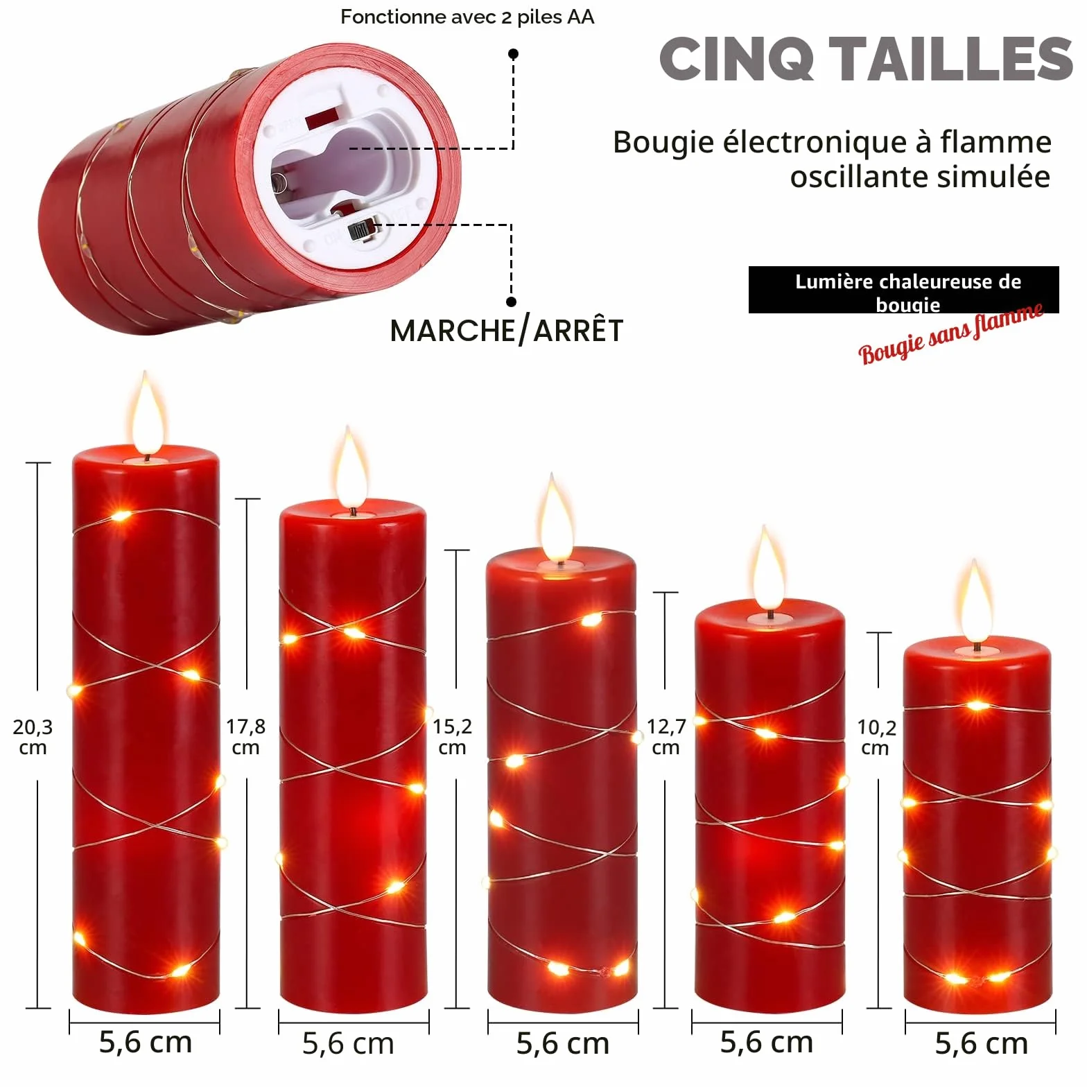 Bougies LED en Cire Rouge avec Guirlande Lumineuse, Flamme Scintillante Réaliste, Télécommande Incluse