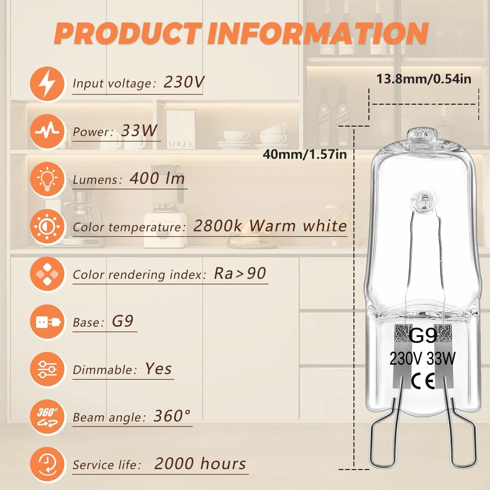 Ampoule Halogène G9 33W 230V Dimmable Blanc Chaud 2800K 300°C pour Four