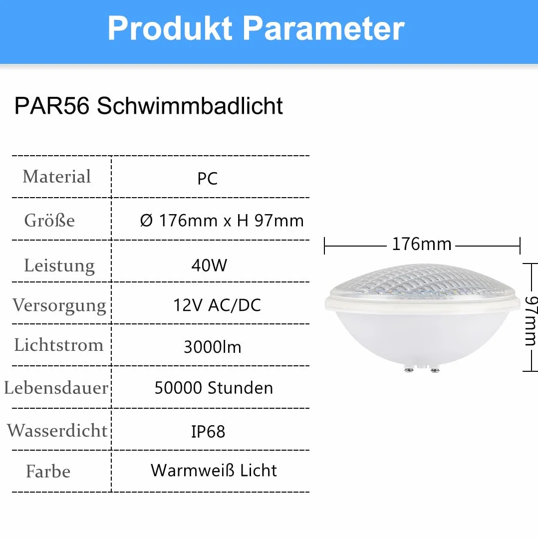 Projecteur de piscine LED PAR56 40W 12V AC/DC IP68 Éclairage submersible blanc chaud