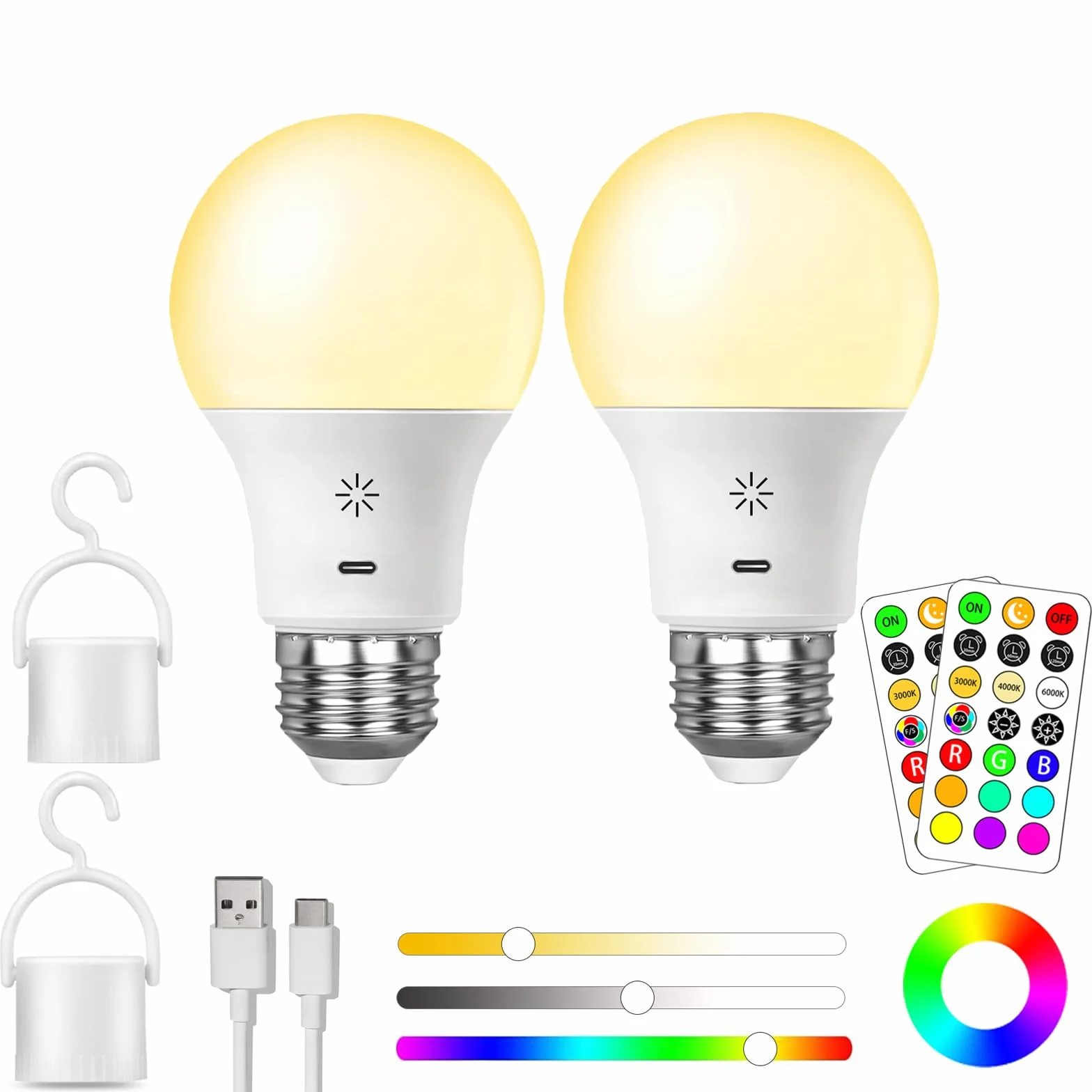 Ampoule Rechargeable USB C E27 RGB LED 9+3 Températures de Couleur Dimmable Touch Control 2600mAh 8W A19 2 Pack