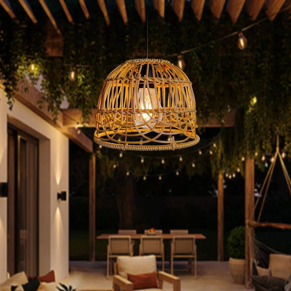 Suspension Bohème Solaire en Rotin Tressé Naturel IP44 LED Lumière Chaude