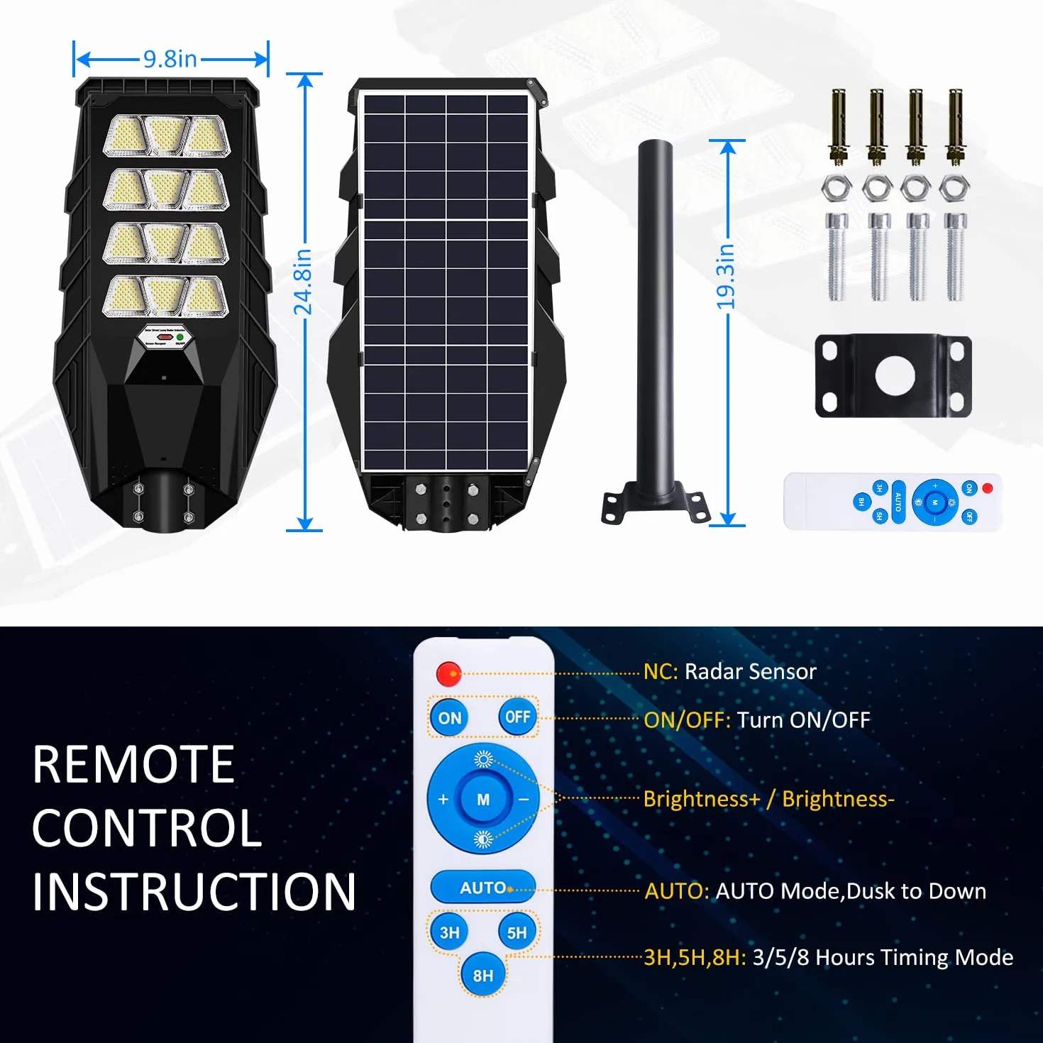 Ledmo 400W LED Réverbère Solaire Extérieur avec Détecteur de Mouvement 6000K IP65