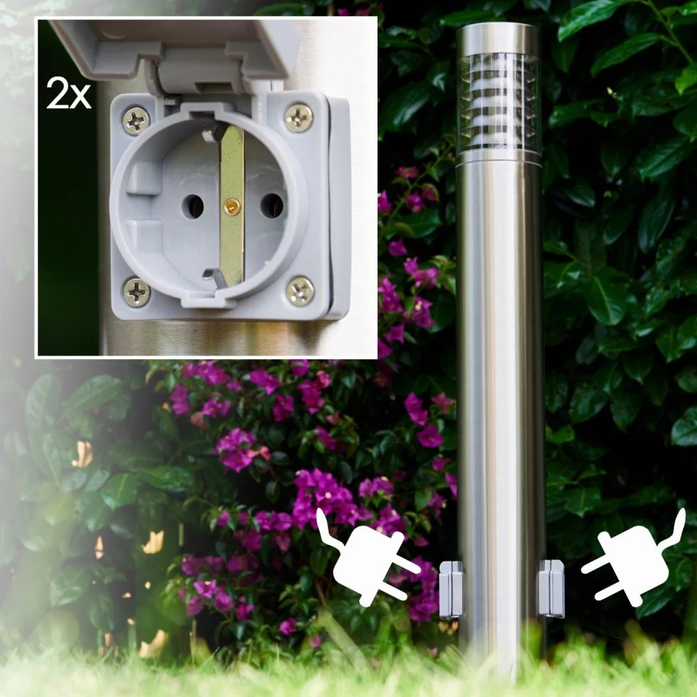 Potelet d'extérieur Dakar 2 prises électriques lampe jardin acier inoxydable plastique IP44 E27
