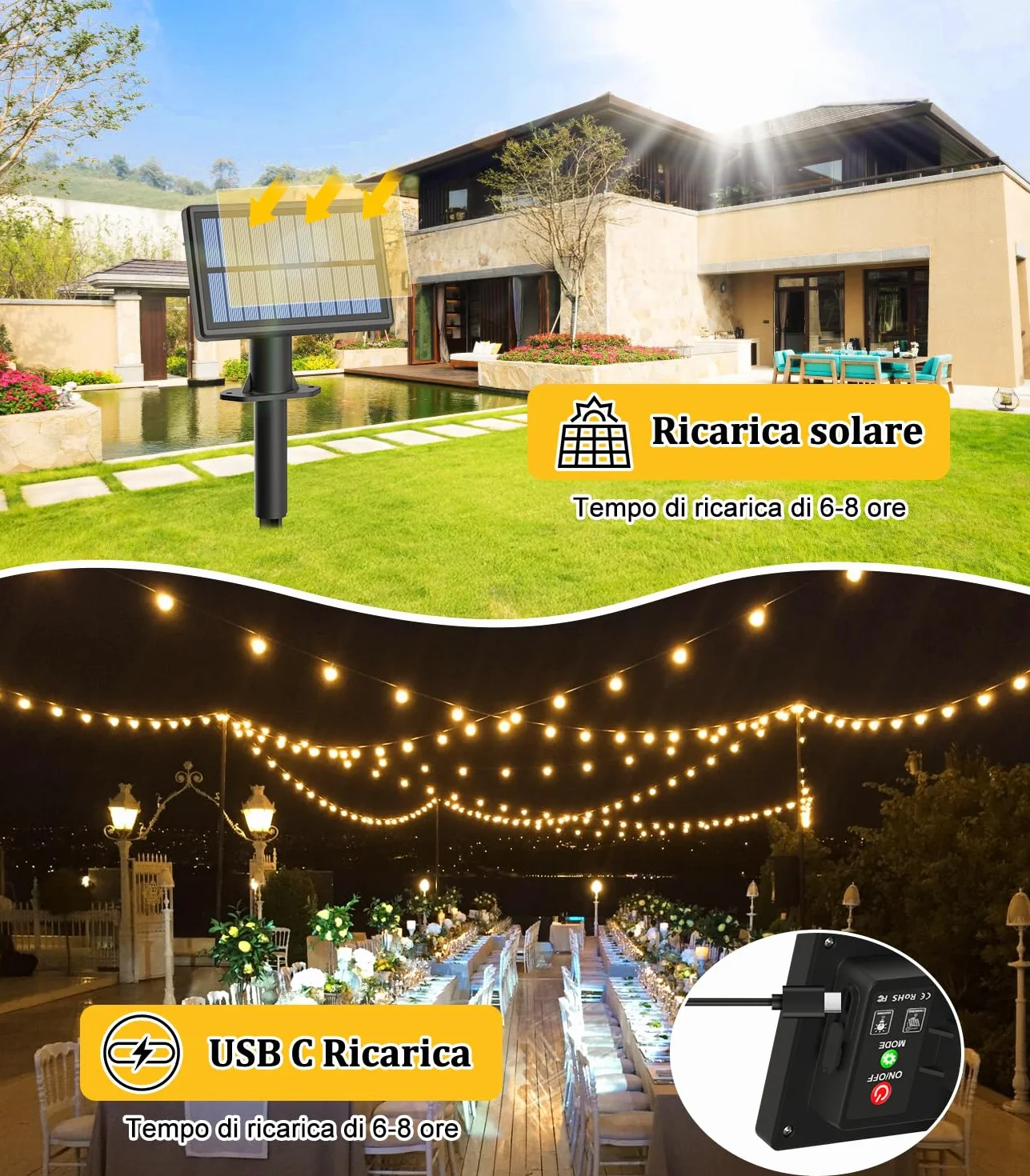 Solaire Remote Guirlande Exterieur Lumineuse 15M G40 LED IP44 Imperméable Jardin Terrasse