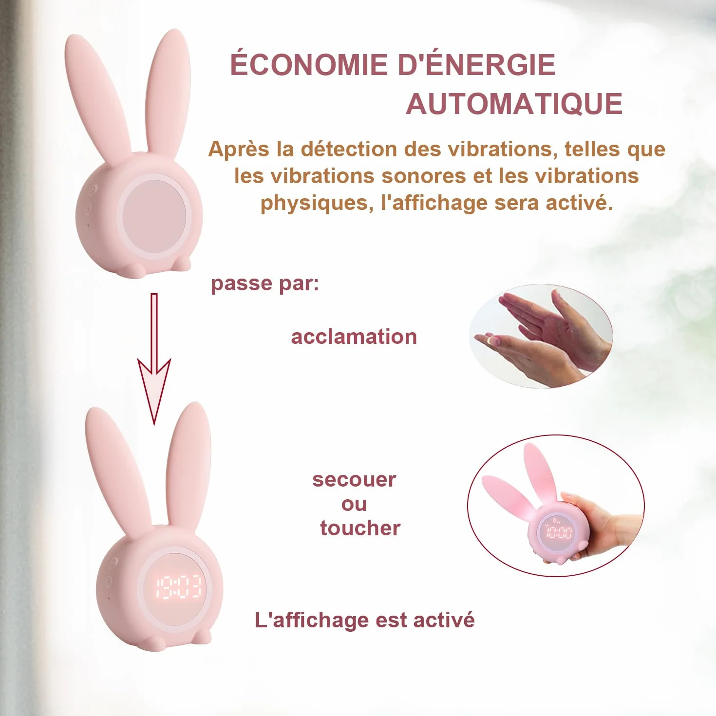 YONGYAO Réveil pour Enfants Lapin Lumineux avec Fonction Snooze, Installation Aimantée, Rose