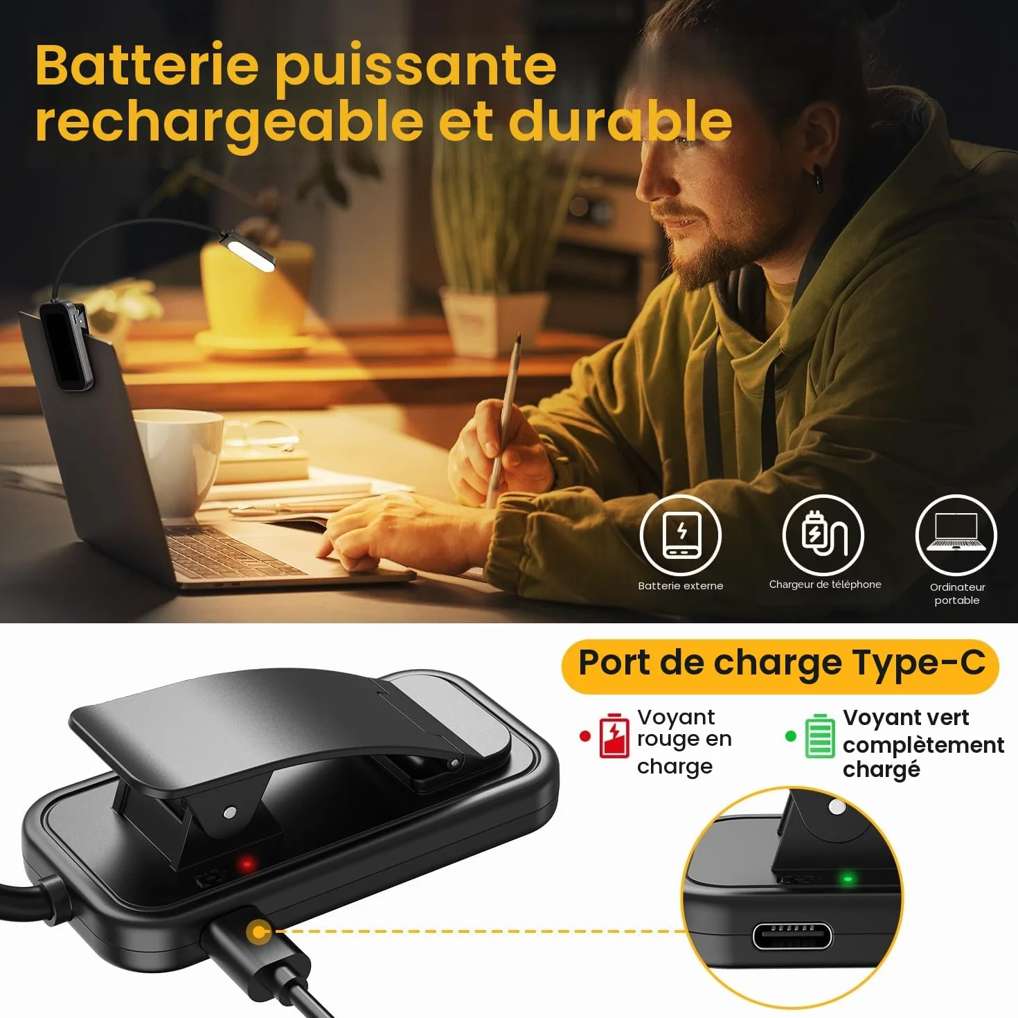 GARITE Lampe de Lecture 10 LED Rechargeable Clip, Gradation 100%-10% 3 Couleurs, Cou Flexible 360°, Lampe Livre Nocturne