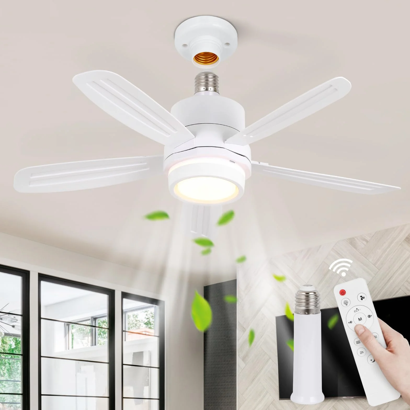 Ventilateur de plafond avec lumière 52cm Lampe E27 Silencieux LED Télécommande 3 Vitesses Dimmable pour Chambre
