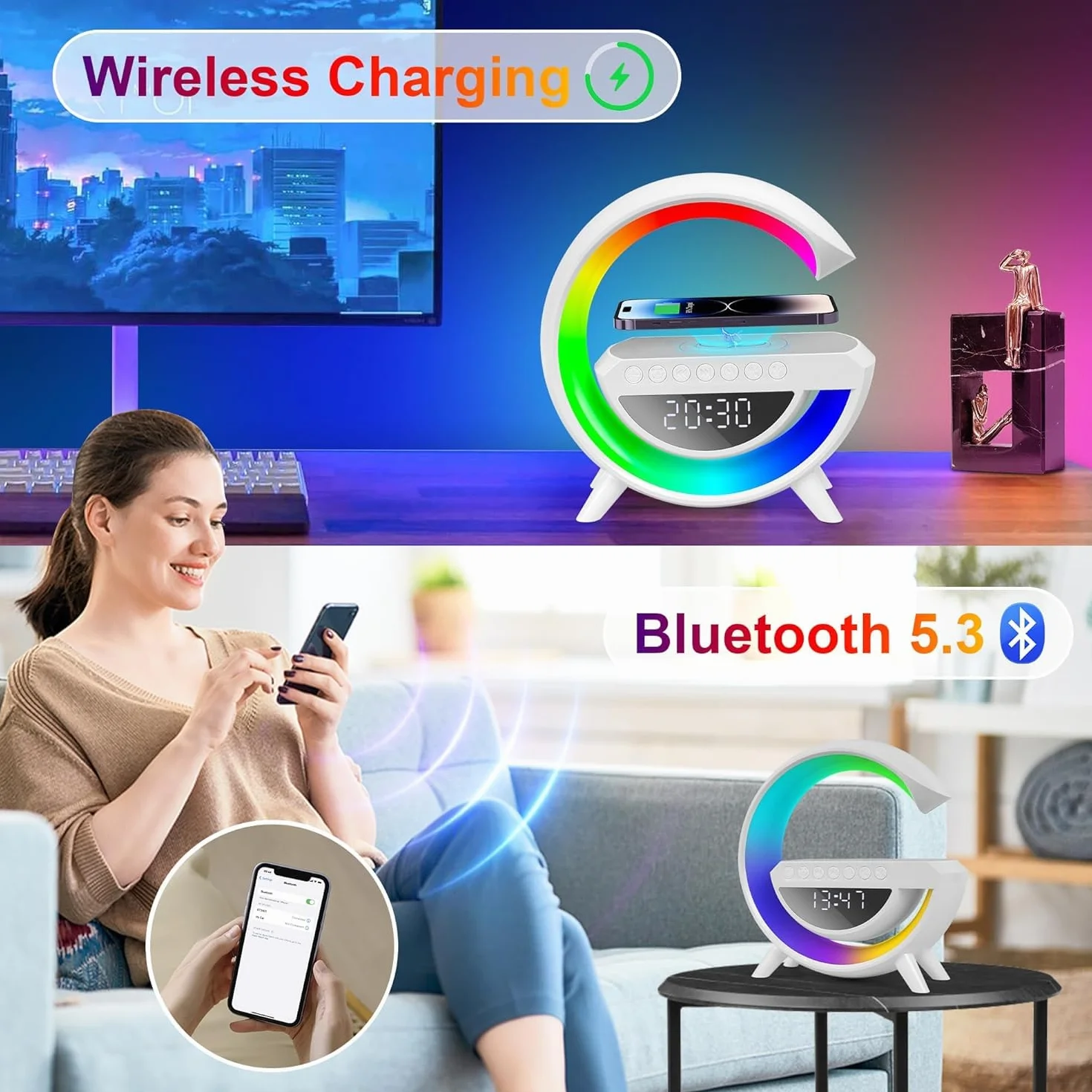 Lampe de Charge Sans Fil Bluetooth Multifonctionnelle 5-en-1 avec Veilleuse RVB et Réveil Numérique