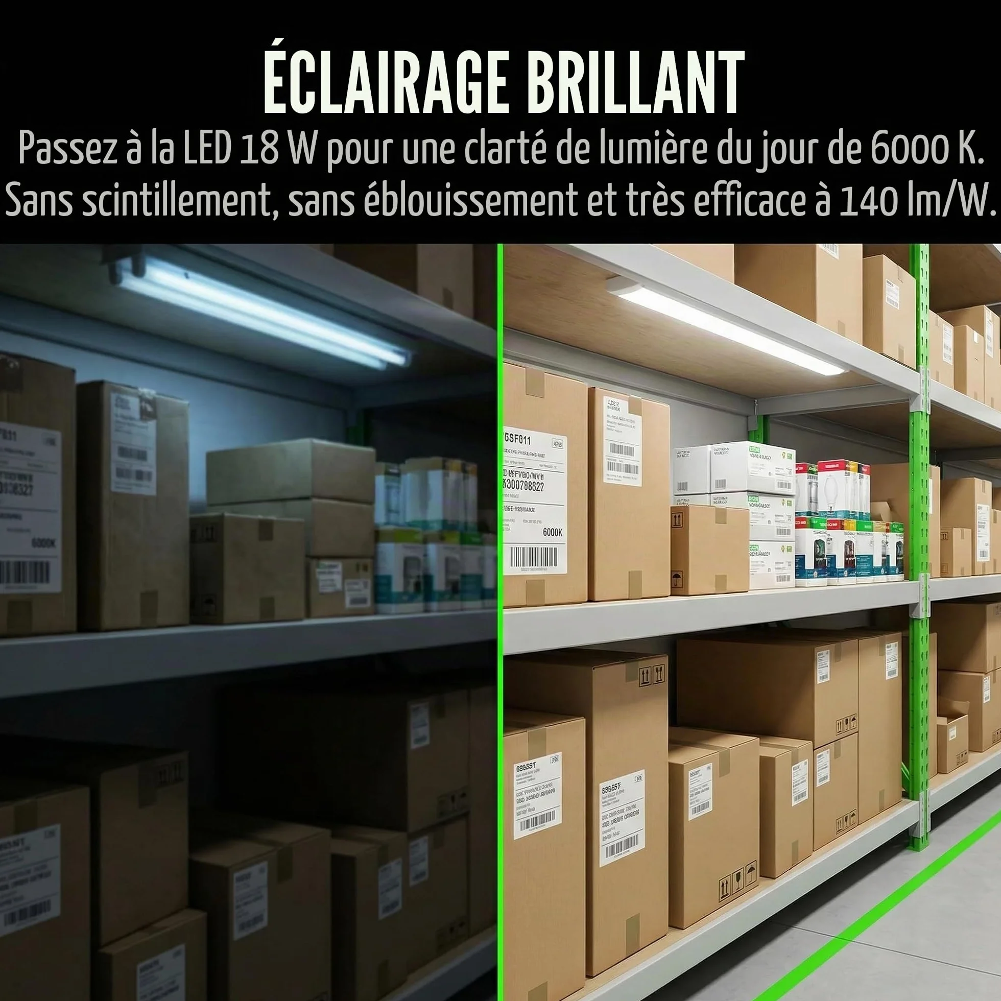 BARCELONA LED Kit Plafonnier Étanche 120cm 2x T8 18W 6000K Blanc Froid IP65 Polycarbonate Garage Bureau Entrepôt