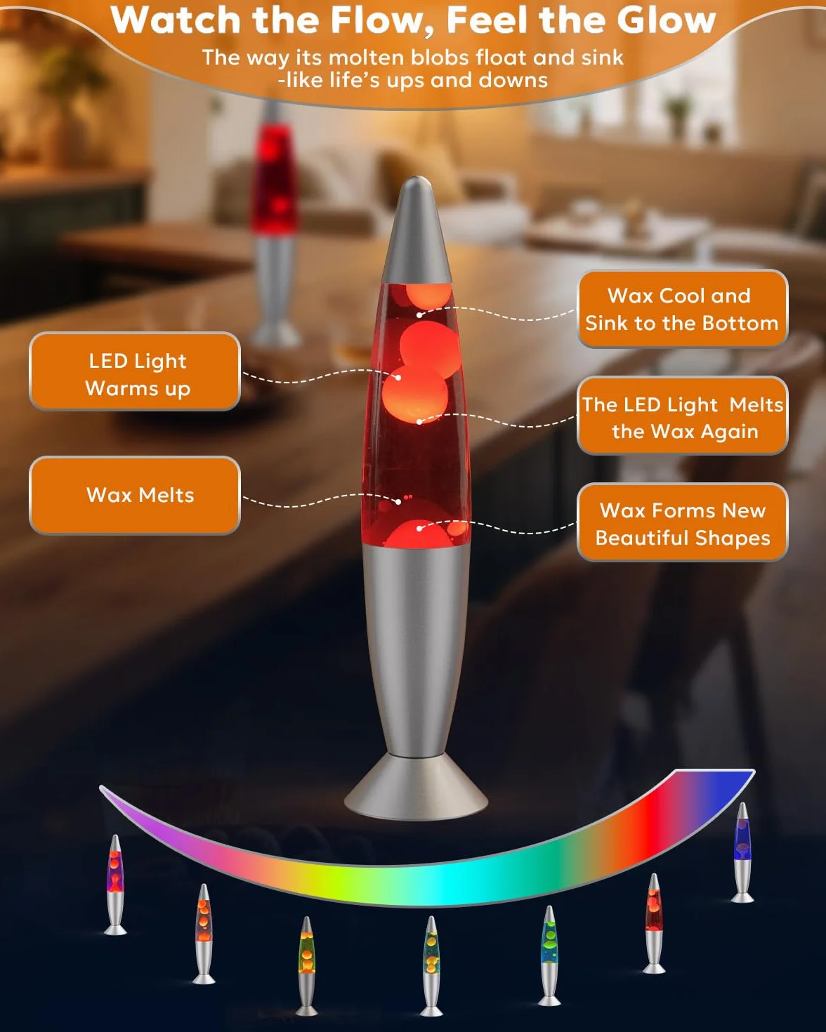 Lampes LED à mouvement liquide 34,8 cm, couleur changeante, blanc et orange, lumière d'ambiance